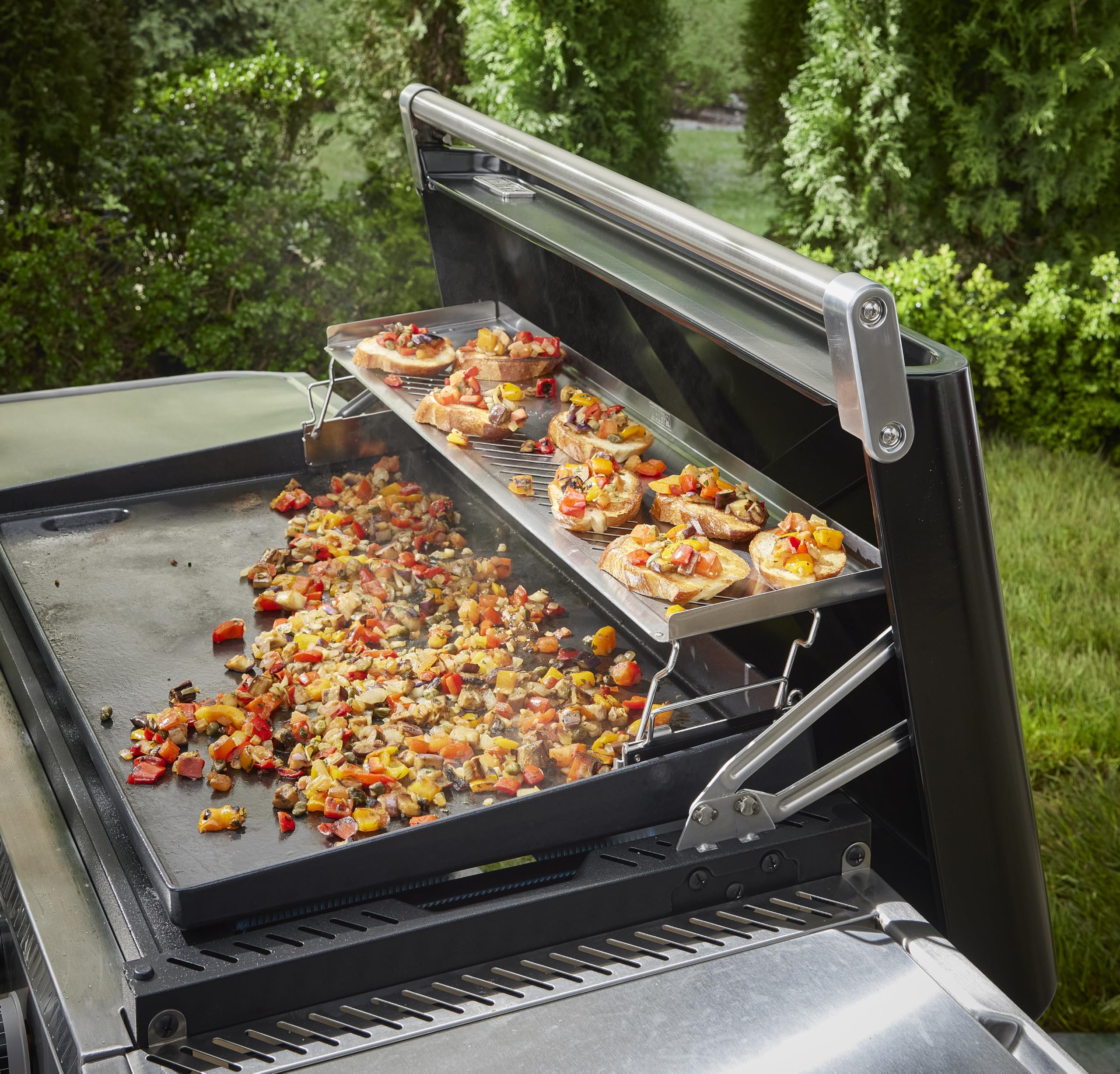 Weber Griglia di riscaldamento a due livelli / per piastra Weber Slate 76 cm, accessorio in acciaio inossidabile con bordi rialzati e fessure strette, lavabile solo a mano, dim. 7,4x22,5x78 cm