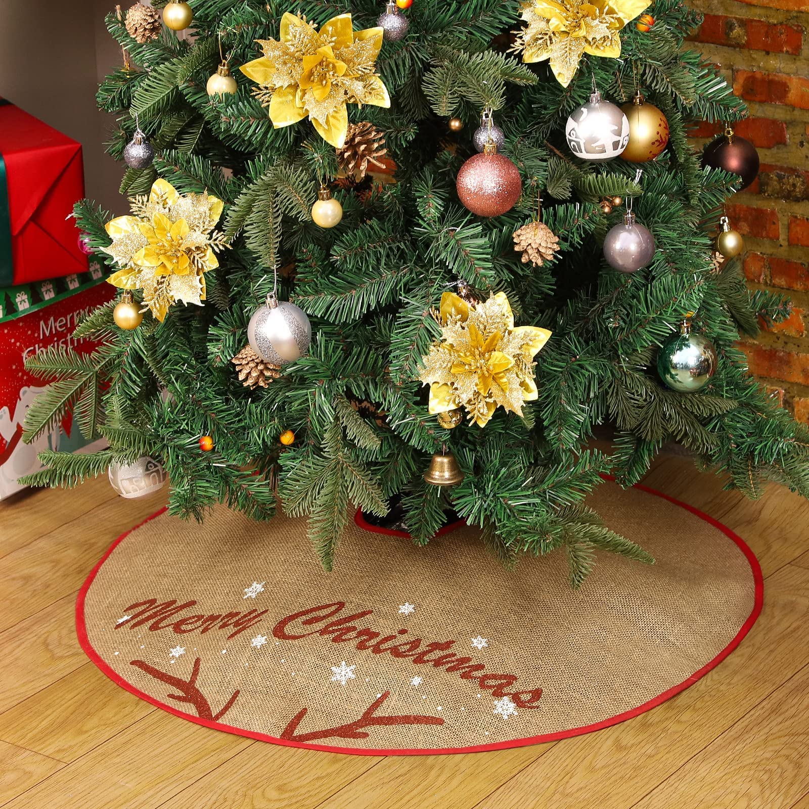 HOHOTIMEBurlap Christmas Tree Skirt,30 Inch Tree Skirt withRed Antlers Printed Pattern and Merry Christmas Words, Tree Skirt Mat for Holiday Party Tree Decoration