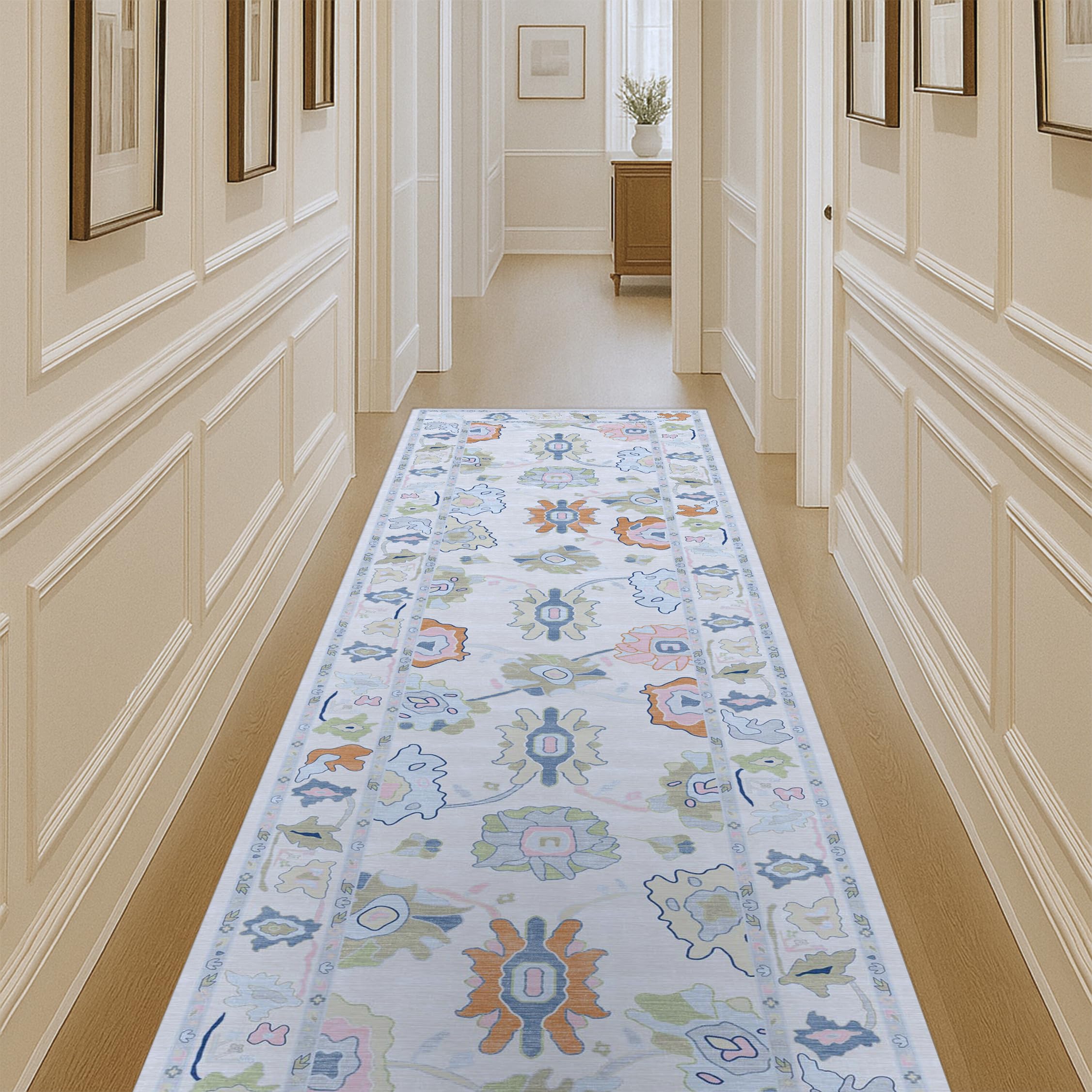 Fame Living Cream Oushak Runner Rug, Modern Runners, Vintage, Turkish, Eclectic, Floral, Pastel, Washable, Long Runner Rugs for Hallway, Kitchen, Living Room, Bedroom, Kitchen, Bathroom, 2'5"x13'