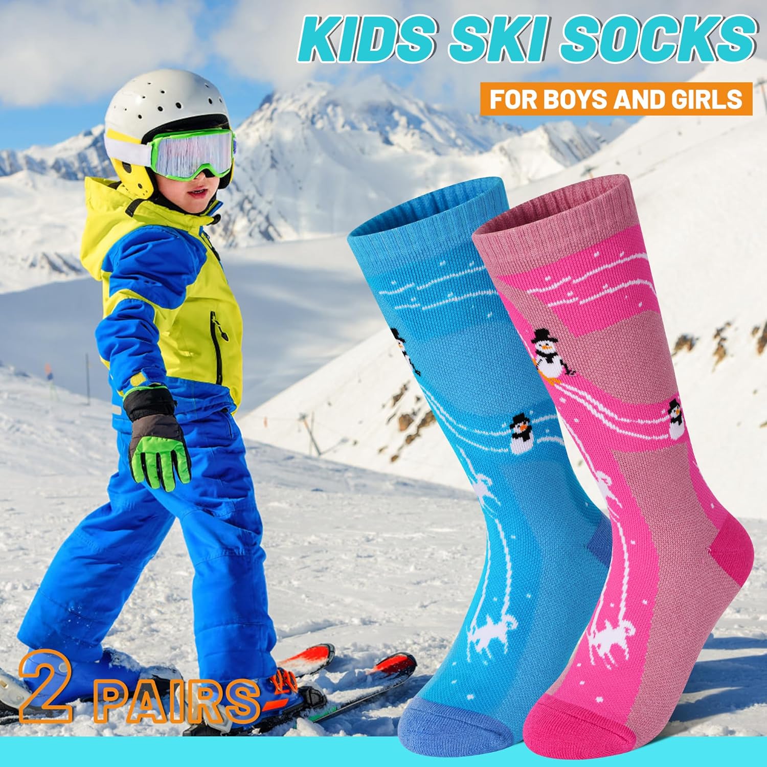 GRPSKCOS Kids Ski Socks 2 Pairs Girls Warm Thick Snow Socks for 3-12 Years Boys Girls - Image 3