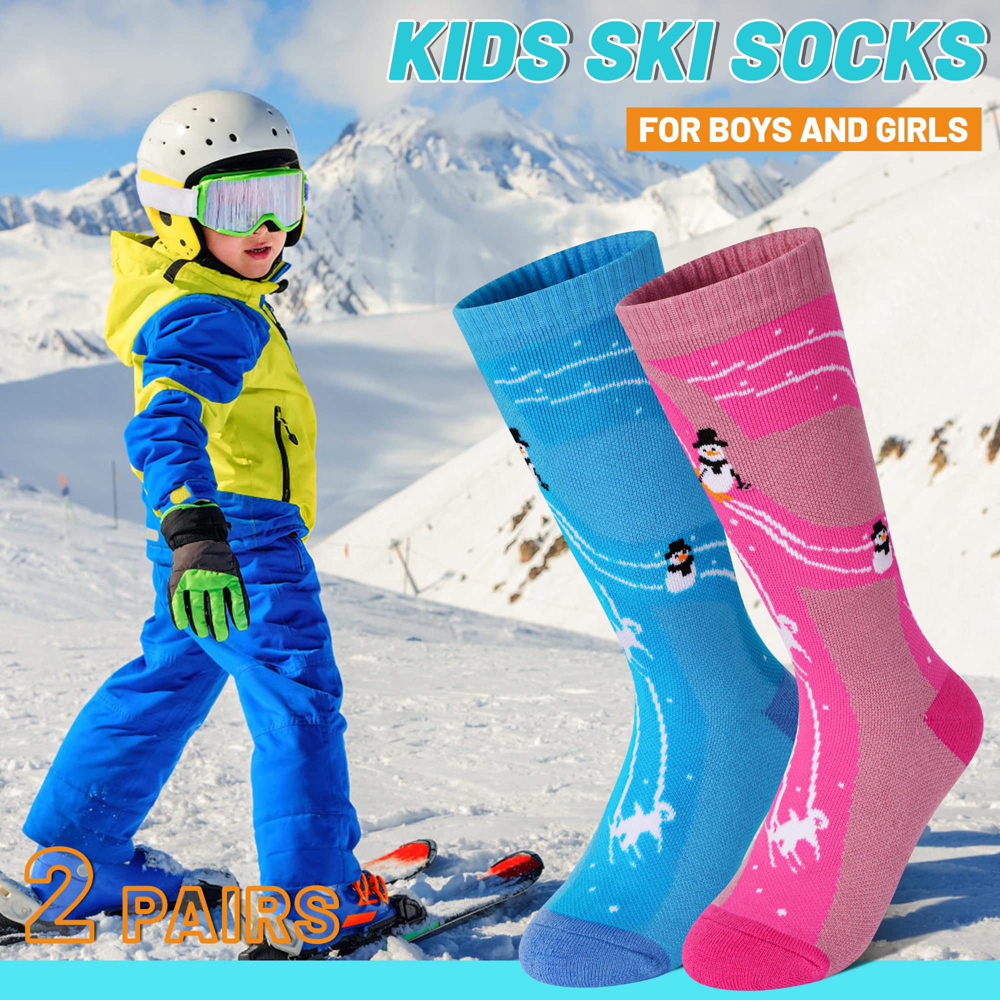 GRPSKCOS Lot de 2 paires de chaussettes de ski en laine mérinos pour filles et garçons - Chaussettes thermiques épaisses et chaudes pour le ski, le patinage, le snowboard, la randonnée, 3 à 12 ans