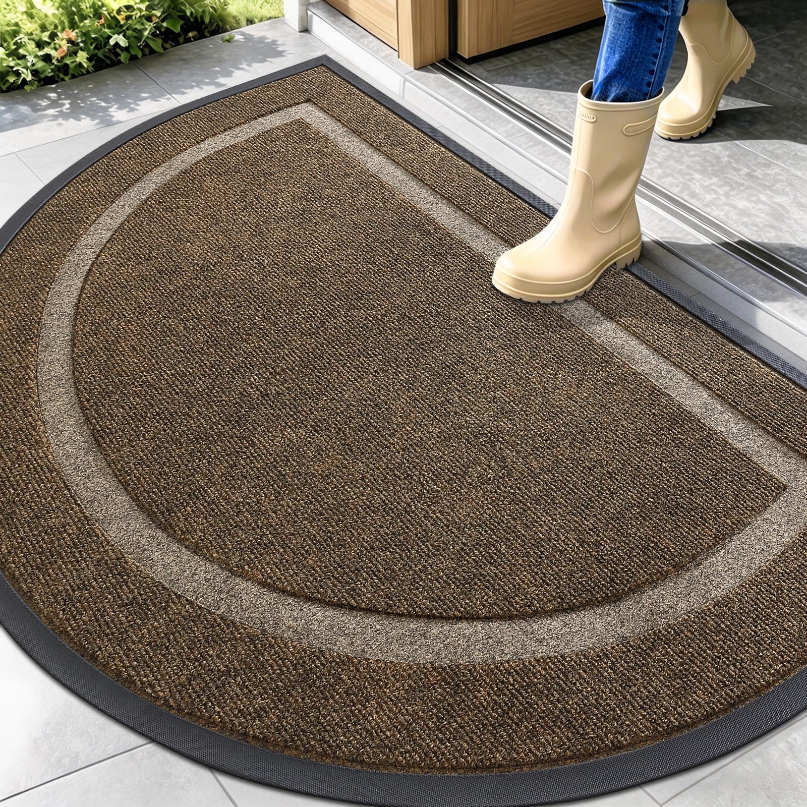 OLANLY Half Circle Front Door Mat Outside 47x32 All-Season Rubber Doormat | Brown, Absorbent, Heavy-Duty, Stain and Fade Resistant, Waterproof Non-Slip Backing, Low-Profile Indoor Outdoor Entryway Mat