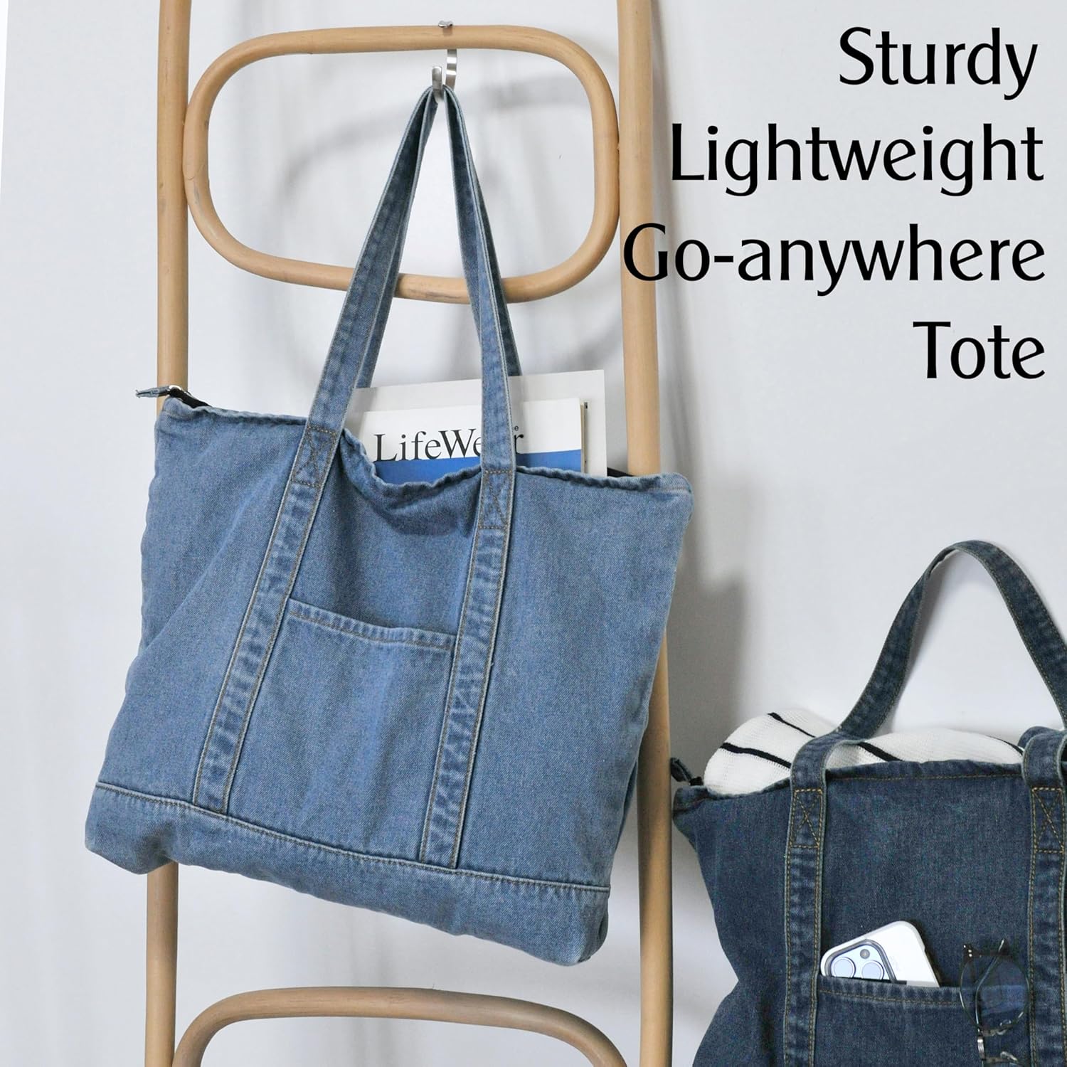 HOXIS Light Weight Soft Denim Tote Unisex Shopper Shoulder Handbag - Image 6