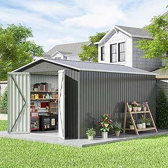 10 x 12 FT Outdoor Storage Shed, Large Metal Tool Sheds with Updated Frame Structure and Lockable Doors, Garden Shed for Backyard Garden Patio Lawn, Grey