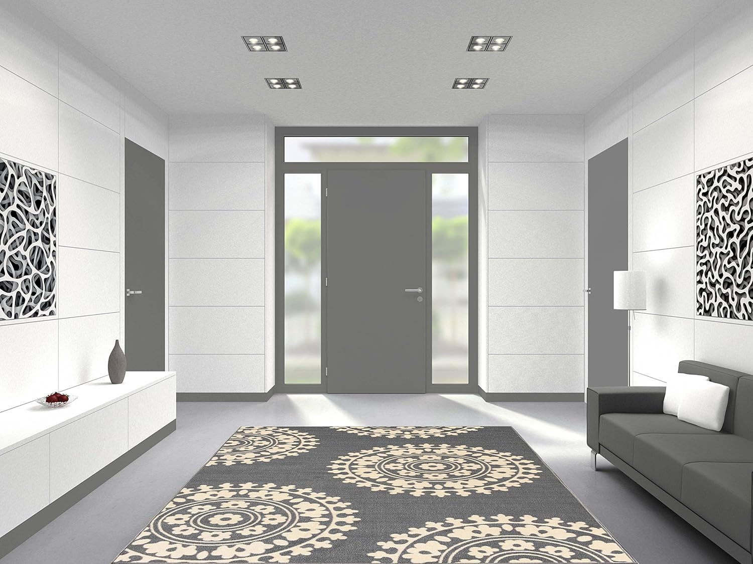 Qute Home European Medallion Non-Slip Rubber Backed Area Rugs & Runner Rug (Grey - Ivory) (3 ft X 5 ft. Area Rug)