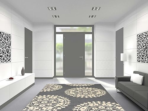 Miniatura 4 de Qute Home European Medallion - Alfombra antideslizante con parte trasera de goma y alfombra de pasillo (gris, marfil) (5 pies x 7 pies)