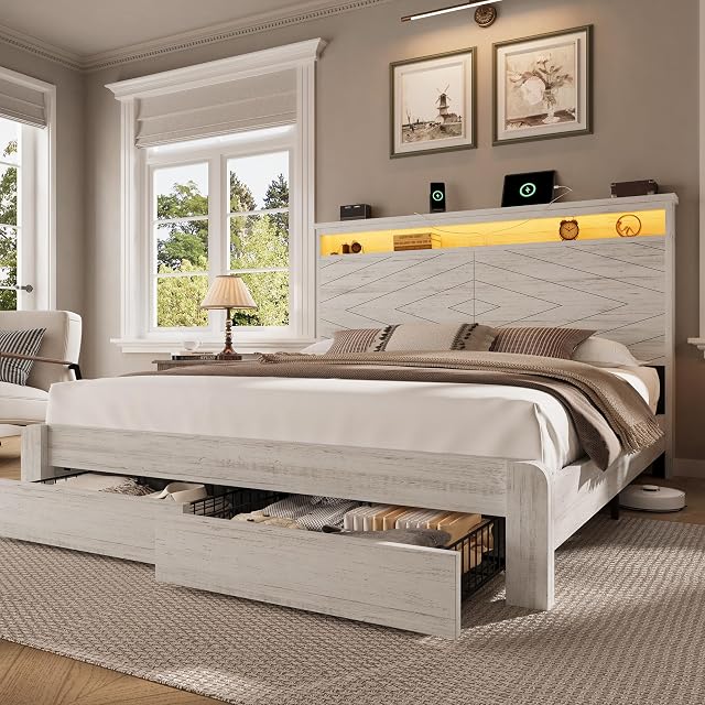 LARMACE King Size Bed Frame with 2 Storage Drawers and Headboard Wooden Platform Bed Frame with LED Lights
