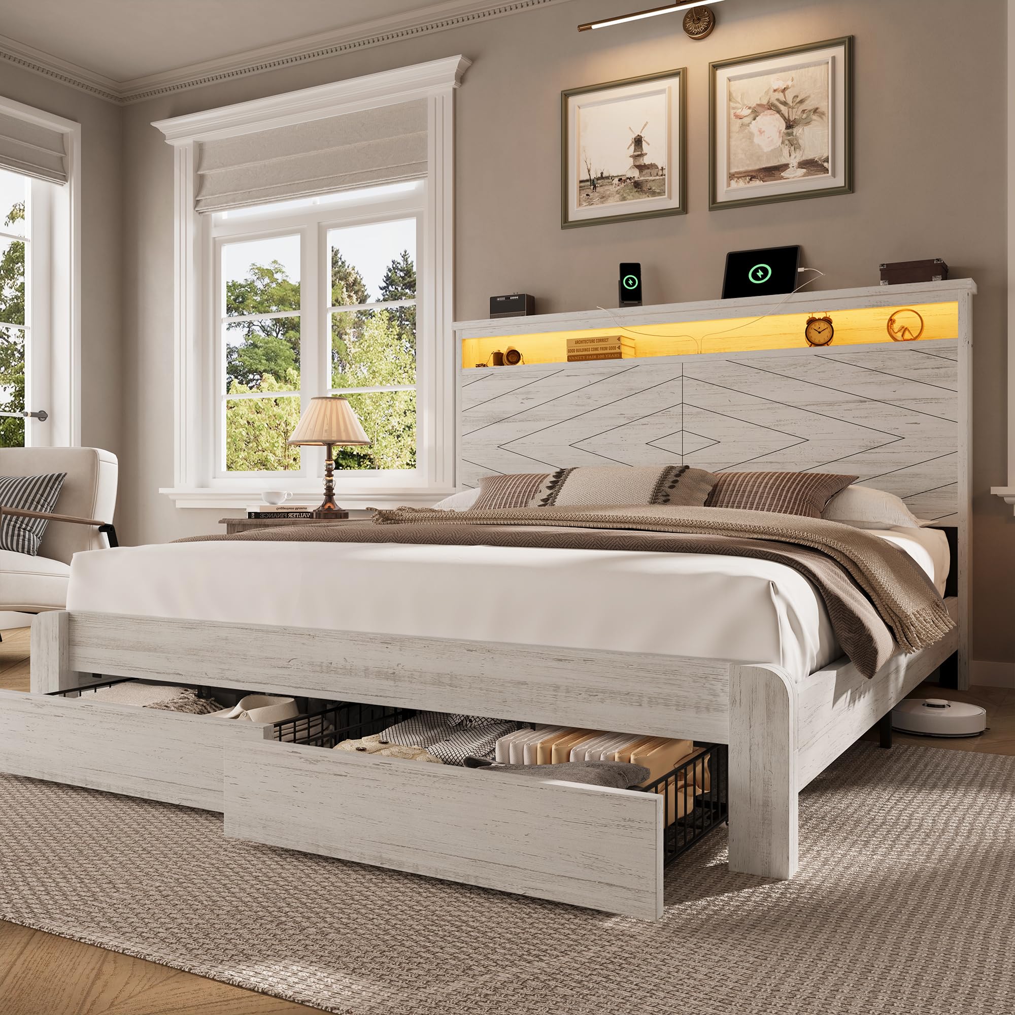 LARMACE King Size Bed Frame with 2 Storage Drawers and Headboard Wooden Platform Bed Frame with LED Lights