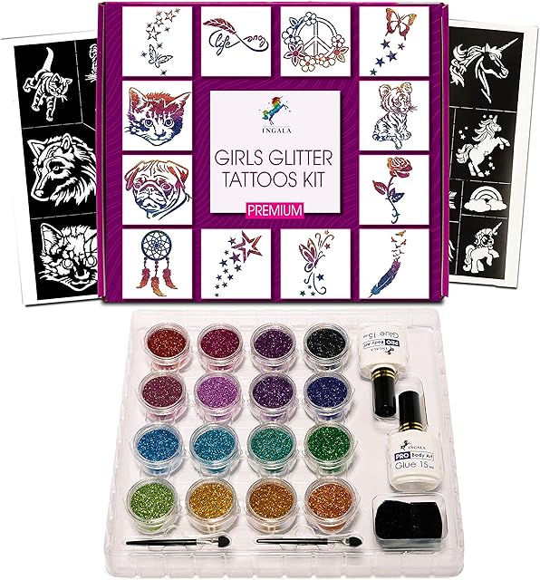 Ingala PREMIUM Glitter Tattoo Kit for Girls | Unique Professional Glitter Tattoos for Kids and Adults | 74 Amazing Glitter Tattoo Stencils | 2 XL (15ml) Glitter Tattoo Glue