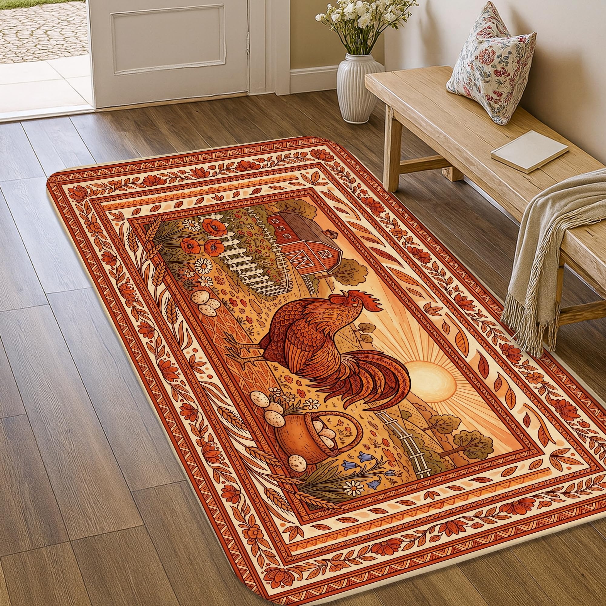 Alfombra de gallo para cocina y entrada felpudo de granero rojo de 3x5 pies