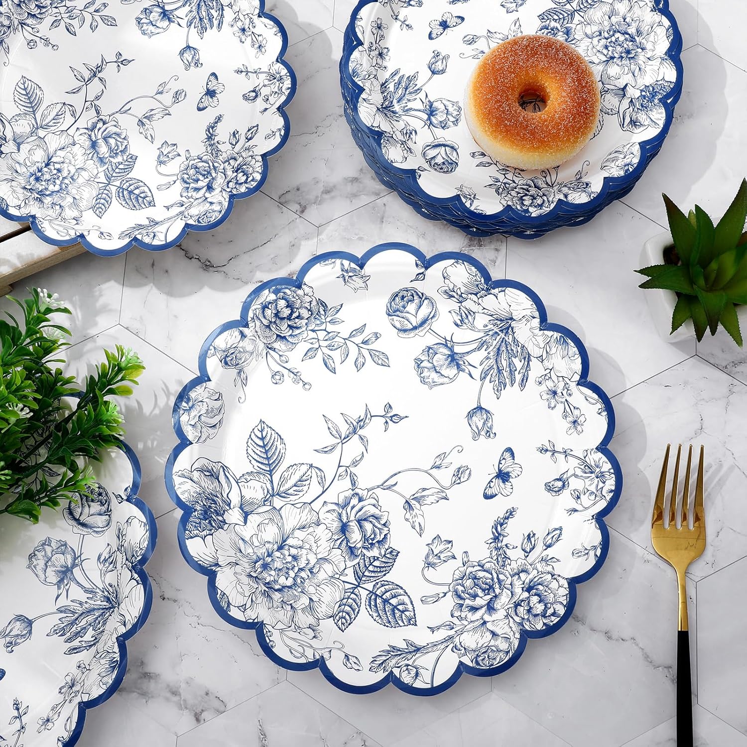 JarThenaAMCS 50Pcs Blue and White Floral Paper Plates Chinoiserie Vintage Flowers Scalloped Disposable Plates Decorative Dinner Plates for Birthday Baby Shower Wedding Table Decor - Image 7