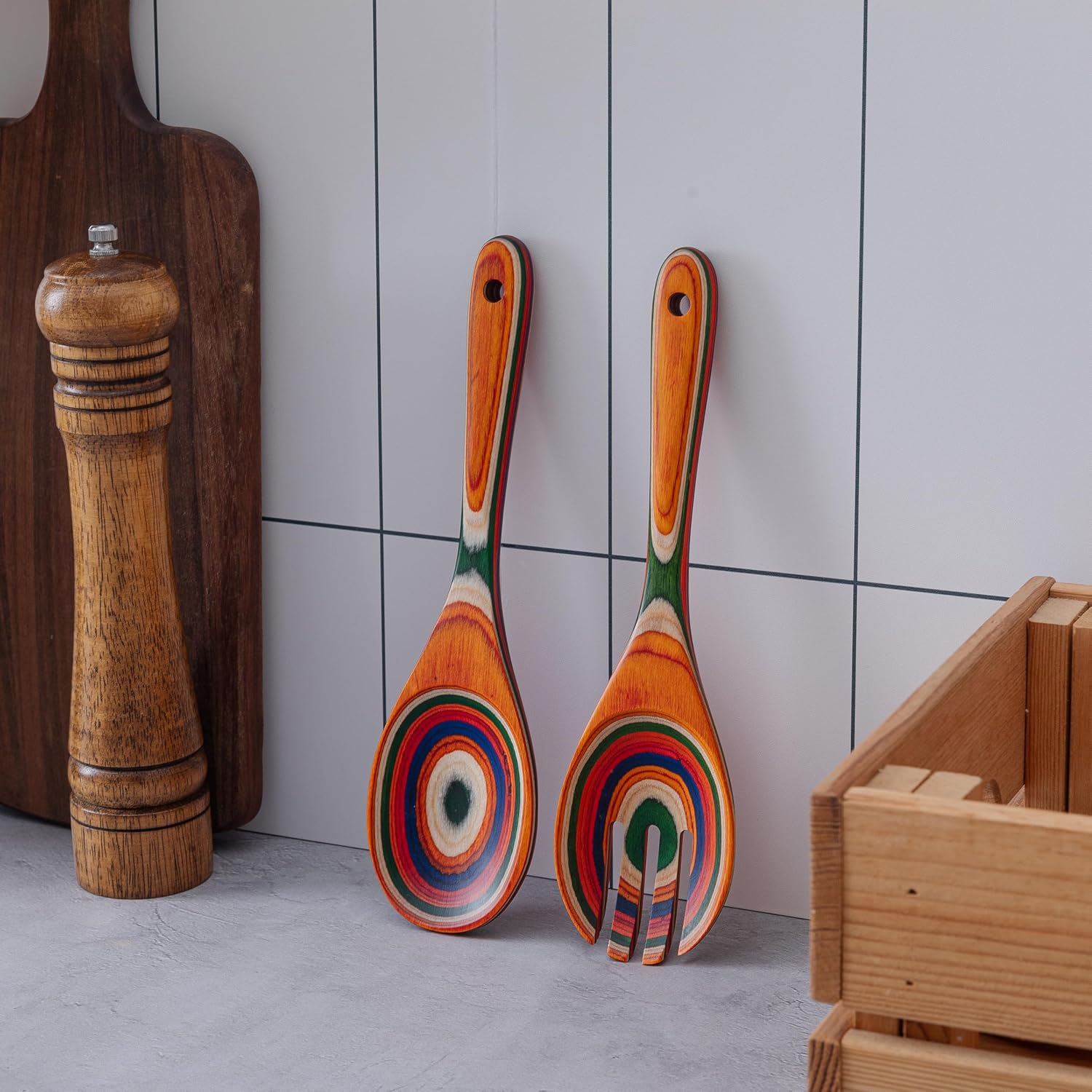 Pakkawood Salad Tongs,10.5 inch wooden Spoons, Serving utenstil colorful wood Salad Servers set, Kitchen cooking utensil set.