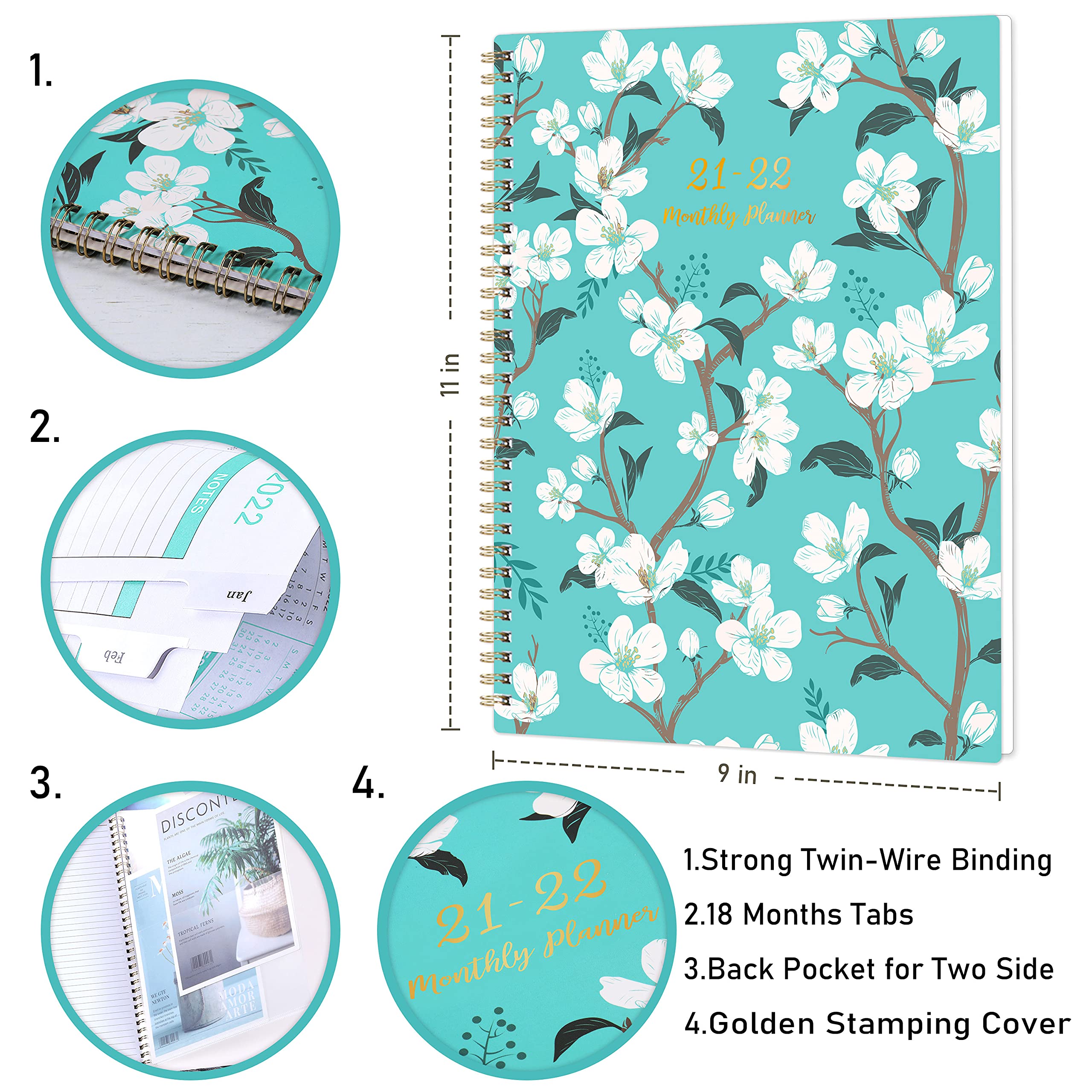 Amazon Com 2021 2022 Monthly Planner 18 Month Planner With Tabs Pocket Contacts And Passwords 8 5 X 11 Jul 2021 Dec 2022 Twin Wire Binding Teal Floral By Artfan Office Products