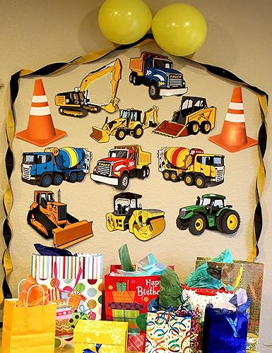 Jayd Products - 12 grandes recortes de camiones de construcción y conos de tráfico, decoraciones de fiesta de construcción, decoración de pared para