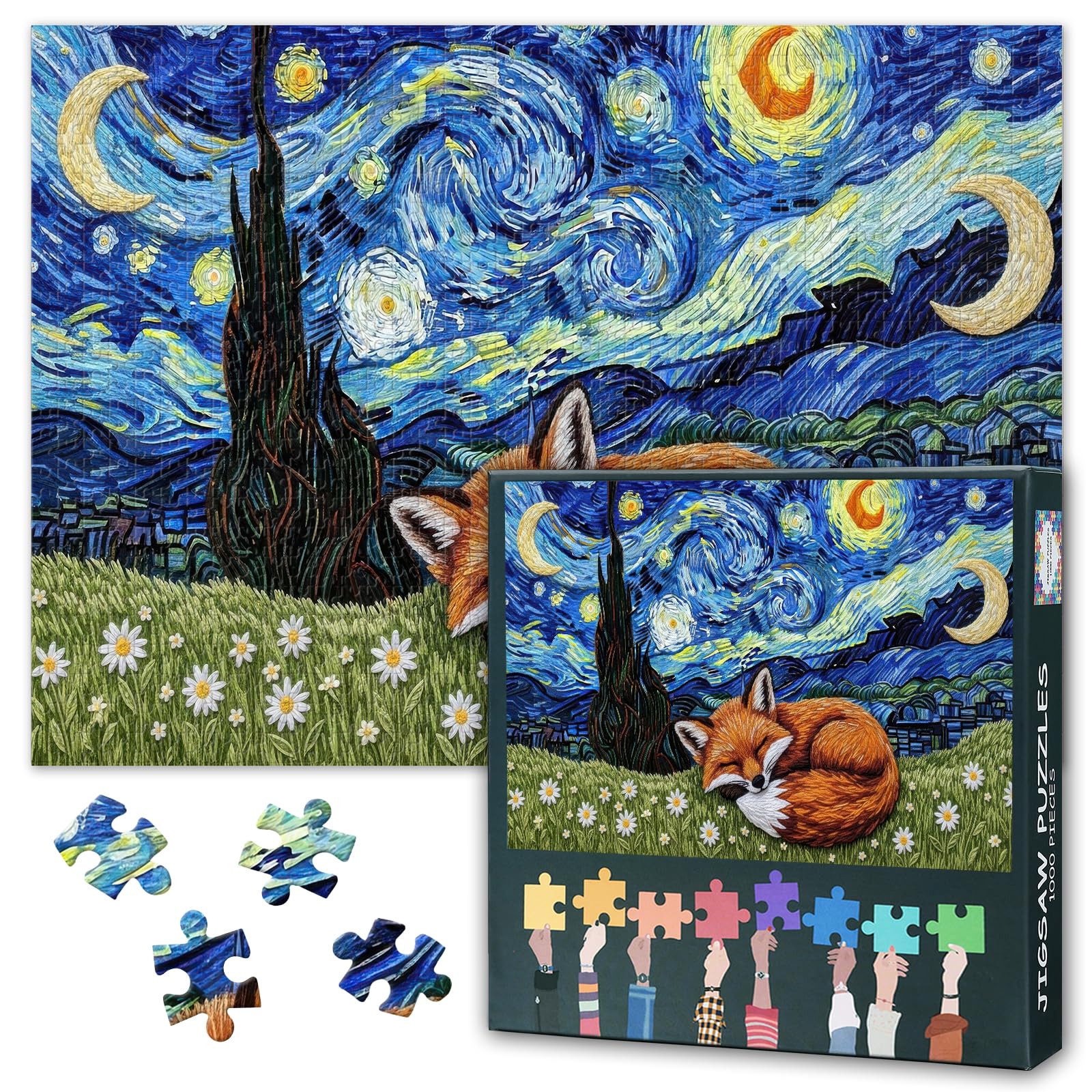 Jigsaw Puzzle 1000 Pieces - Starry Night Sky Fox - 70 x 50cm Finished Size, High Definition Vibrant Print, Educational Brain Training Game for Adults & Teens, Includes Fold-out Poster