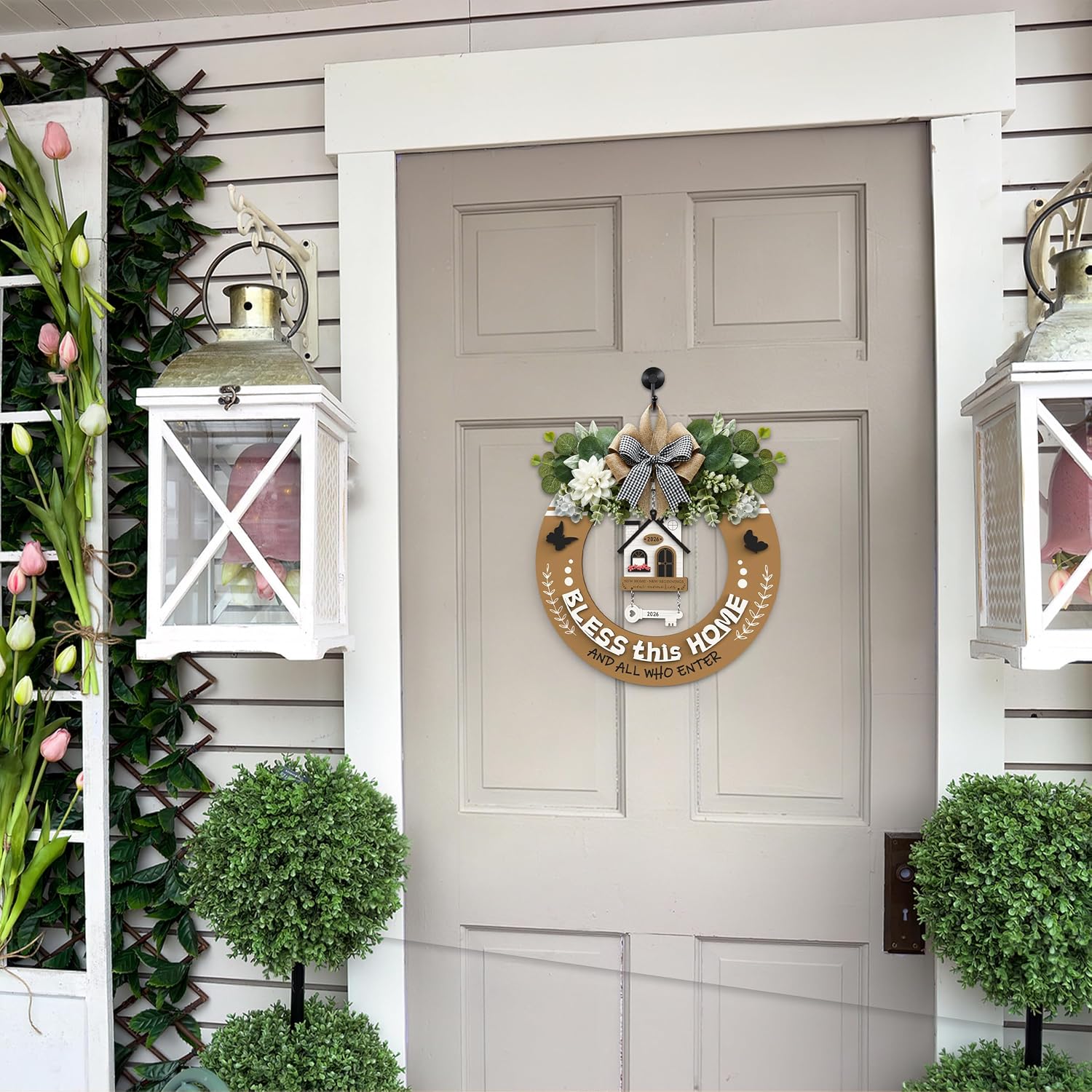 House Warming Gifts New Home - Welcome Home Sign Front Door Decoration, Rustic Round Wood Wreaths Wall Hanging Outdoor, Farmhouse, Porch, for Spring Summer Fall All Seasons Holiday(Vintage Brown)
