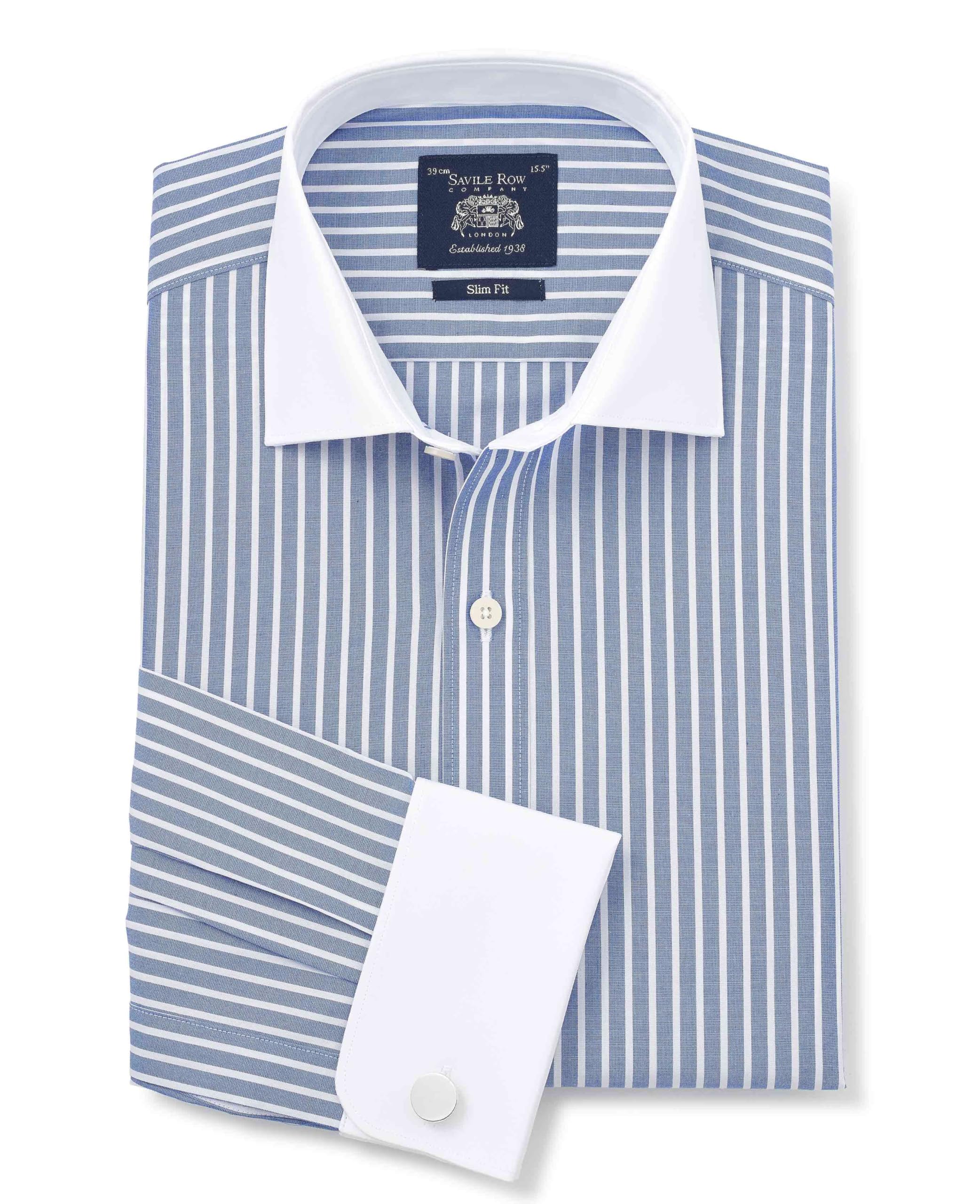 The Savile Row Company London Men's Blue White Stripe / White Collar & Cuffs Slim Fit Cotton Poplin Winchester Double Cuff Formal Shirt - 16.5" Collar