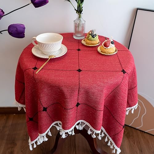Miniatura 2 de Gernaice Mantel pequeño bordado rústico de rejilla cuadrado con borlas, cubierta de mesa a prueba de polvo, para cocina, comedor, picnic, fiesta,