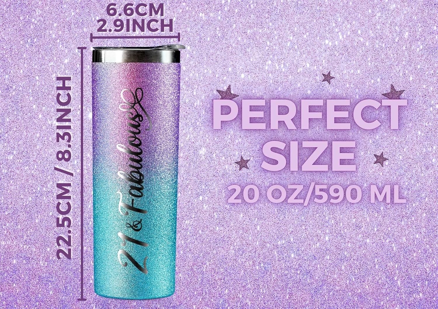 Onebttl 21st Birthday Gifts for Women, Girl, Her - 21 and Fabulous -20oz/590ml Stainless Steel Insulated Glitter Tumbler with Straw, Lid, Message Card - (Purple-Blue Gradient)