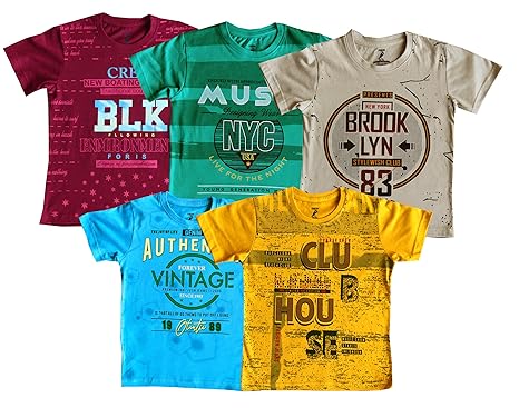 TAILRED Boys Regular Printed Cotton T-Shirts Casual Stylish - Combo Pack of 5