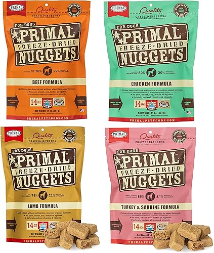 Primal - Nuggets de comida liofilizada para perros, variedad de 14 onzas, paquete de 4 (carne de res, pollo, cordero, pavo y sardina), completa y