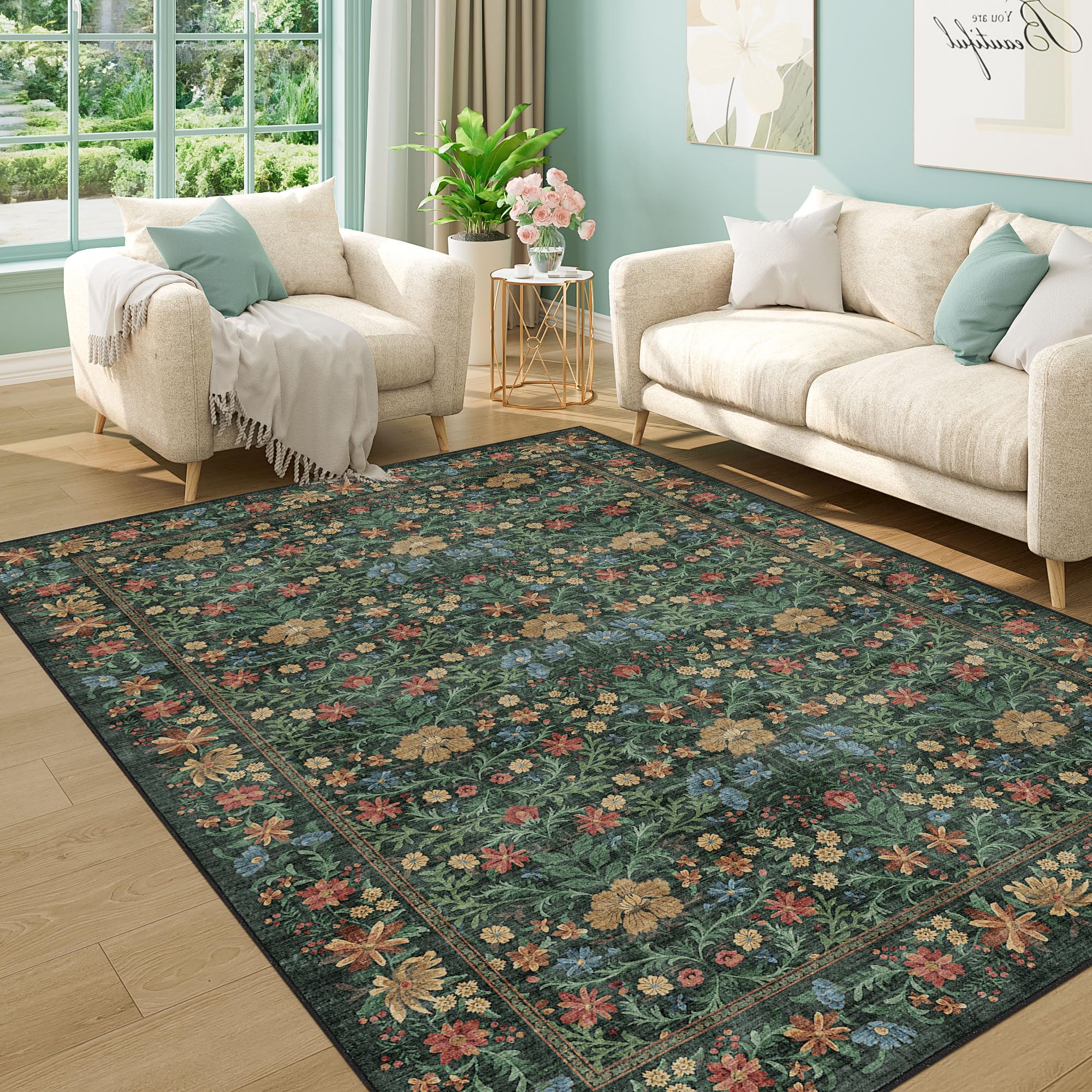 DUKINO 5x7 Area Rugs, Floral Washable Rugs for Bedroom with Non Slip Backing, Vintage Low Pile Indoor Floor Carpets for Bedroom, Living Room, Farmhouse, Home Office, Dining Room, Green