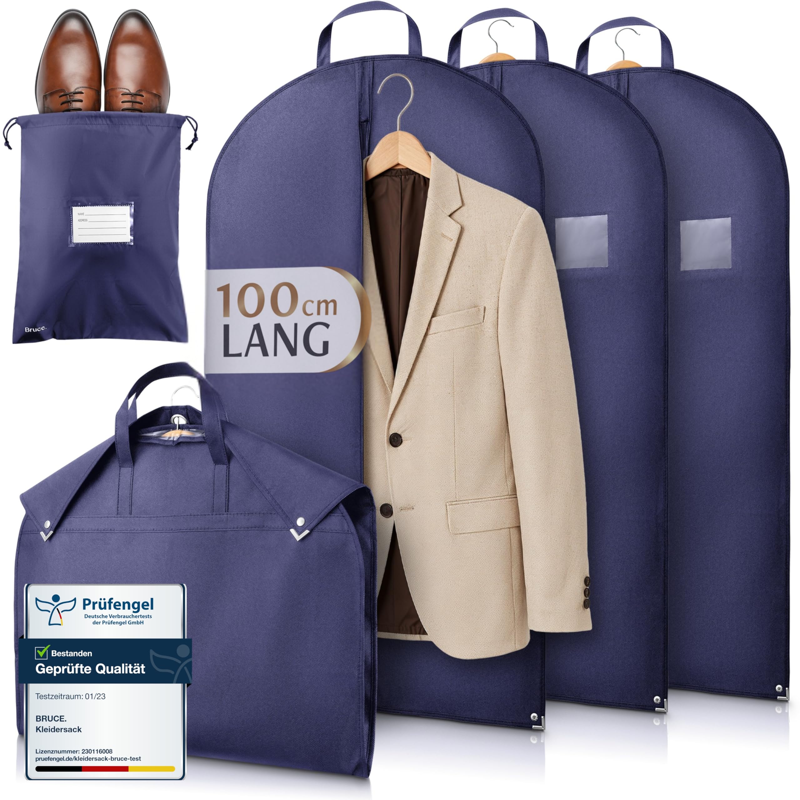 Bruce.® 3 x Short Garment Bags, 100 x 60 cm, Includes 1 x Shoe Bag, Colour: Navy Blue, Breathable Garment Cover for Suit, Jacket & Shirt, 120 GSM Material Thickness, Suit Bag for Travel & Storage