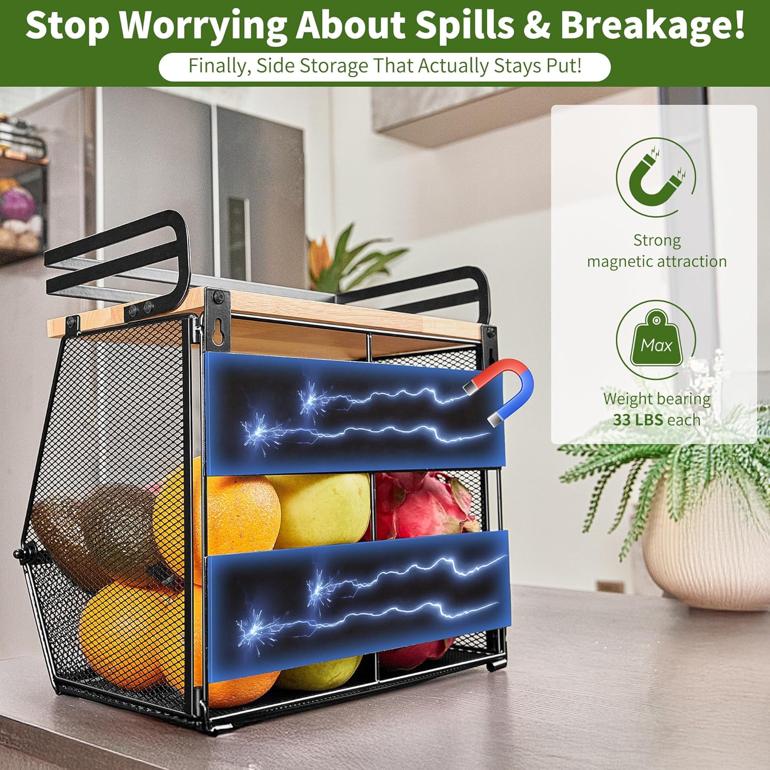 Imncya マグネットシェルフ 冷蔵庫用 木製蓋付き 大型コンテナ マグネットフルーツバスケット&amp;スパイスラック オールイ