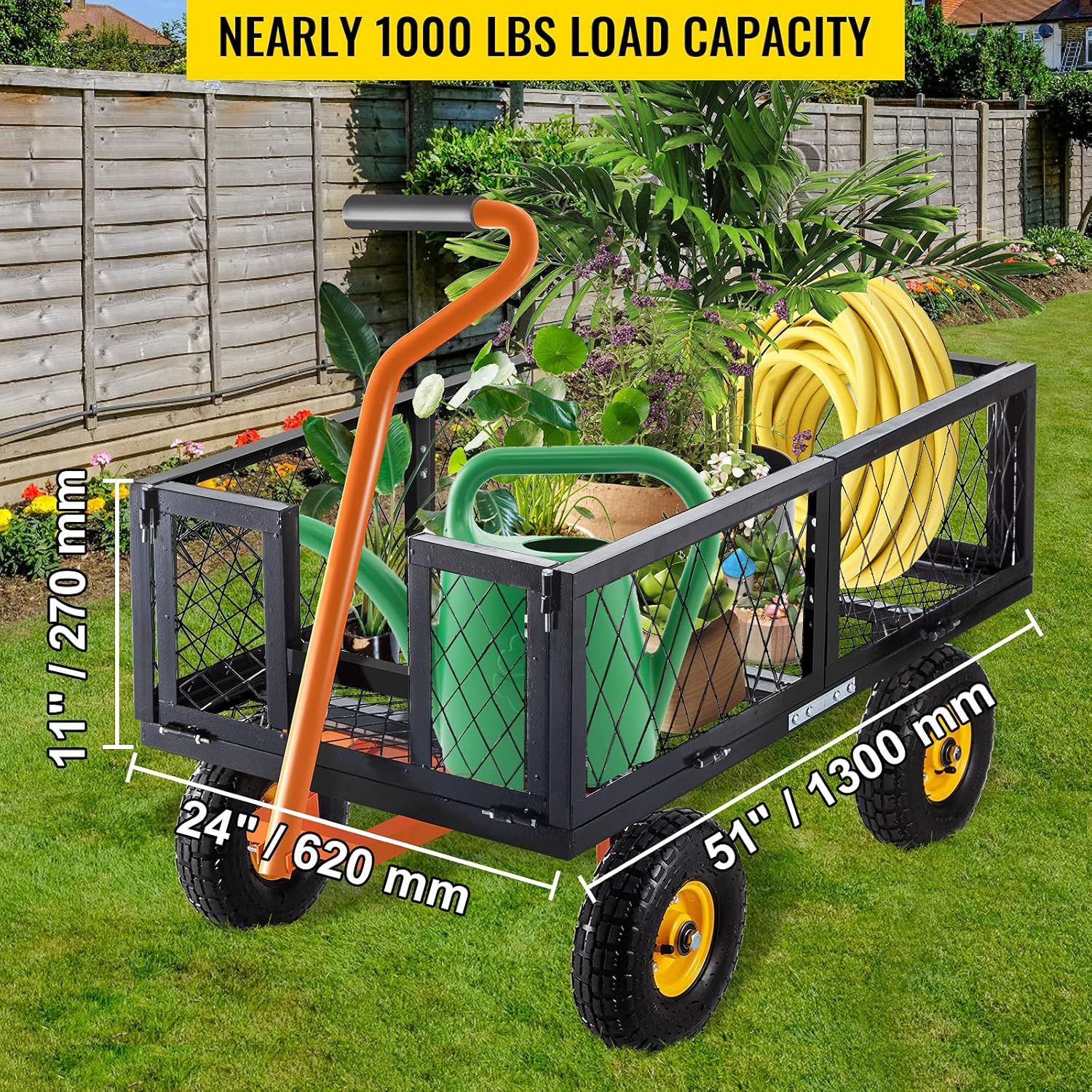 BestEquip Steel Garden Cart, 1000lbs Capacity Garden Cart, 51'' L x 24'' W x 11'' H Steel Utility Wagon, Outdoor Lawn Wagon w/ Removable Sides, 10'' Pneumatic Tires, Adjustable Handle, Black : Patio, Lawn & Garden