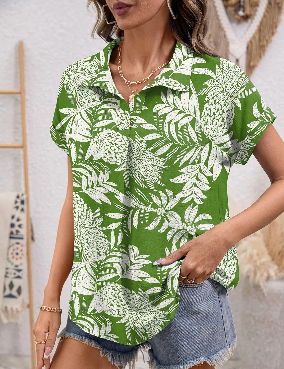 LOMON Women Blouses Spring Summer Tops for Women 2026 Short Sleeve V Neck Dressy Casual Collared Shirts Work Office - Image 3