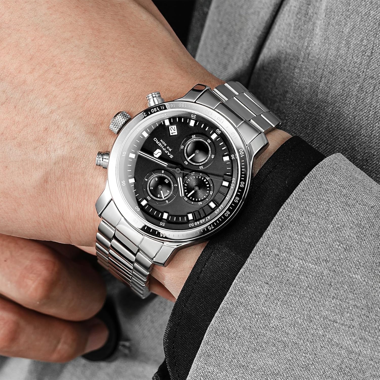 SAPPHERO Men's Wrist Watches - Chronograph Watches for Men, Luxury Stainless Steel, Waterproof Quartz Watch for Business, Casual, and Sports, Stylish Gift for Him - Image 5