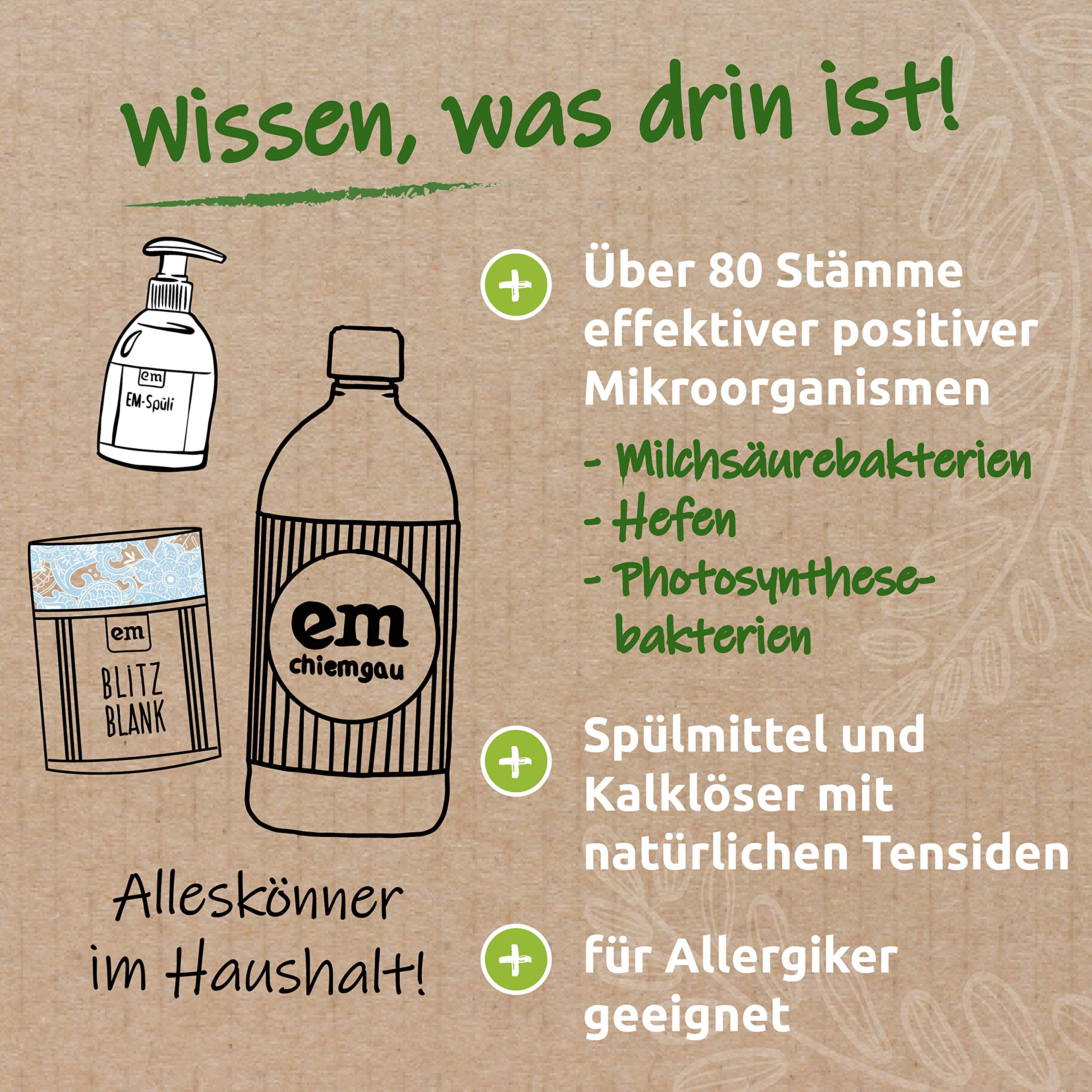 Fischer's EM-Chiemgau®Reinigungsset – Probiotische Reinigung für Haushalt – umweltfreundliches Starter-Set mit EM-Mikrorein, EM-blond, Kalklöser, EM-Spülmittel & Sprühflasche - natürlich & ökologisch