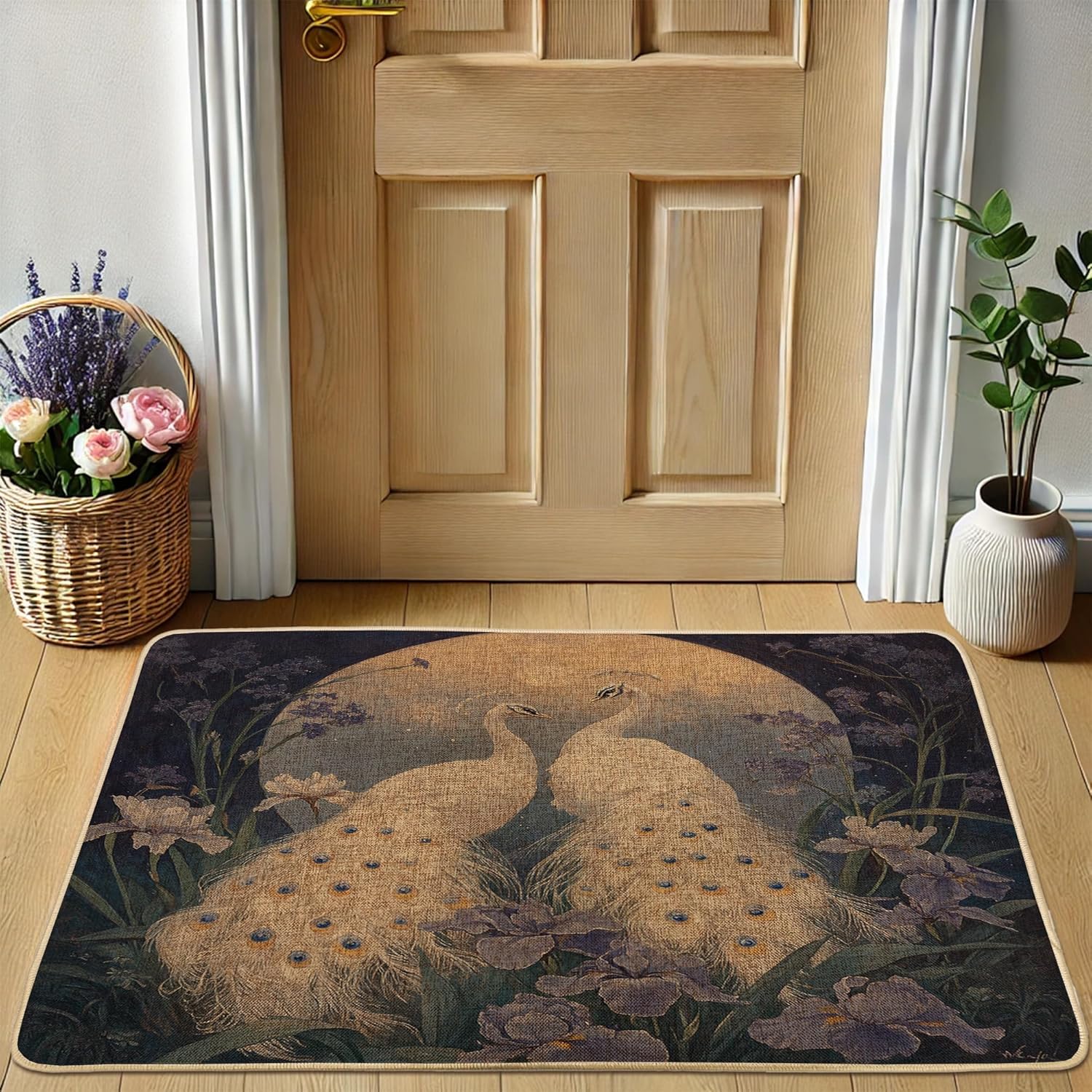 Elegant Peacock Doormat, Golden Feathered Front Door Mat for Outdoor & Indoor Decor, Waterproof Non-Slip Dust Absorbent, Easy Clean, Spring Garden Design 29x17 Inch