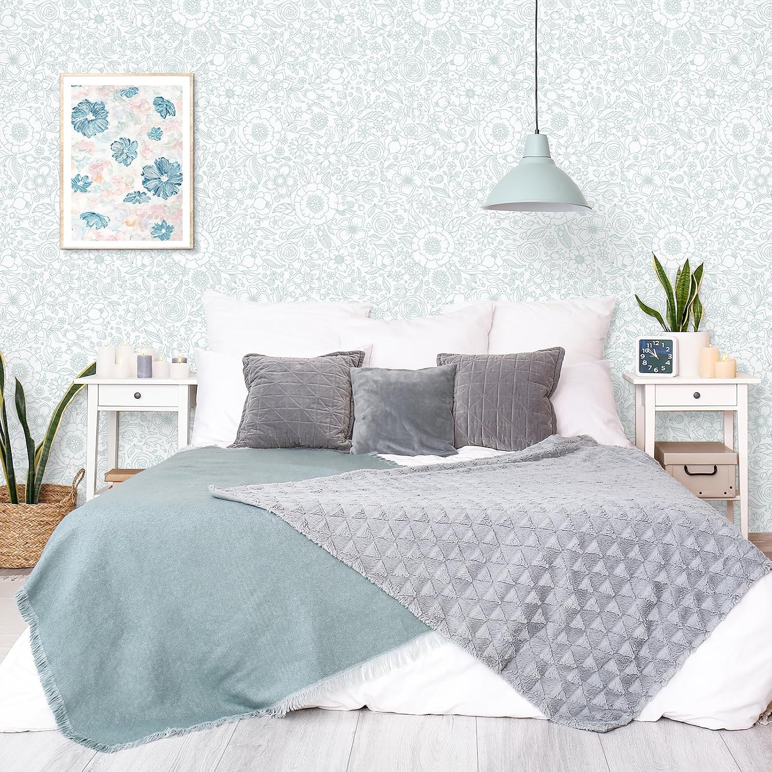 Boho Green and White Floral Wallpaper Peel and Stick Botanical Wallpaper Prepasted Sketch Floral Contact Paper 17.7"x160" Waterproof Removable Flower Mural Wall Paper Modern Green Vinyl Wrap