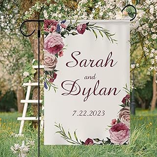 Personalized Flower Wedding Garden Flag Custom Wedding Anniversary House Flags with Name Date Customized Home Outdoor Decor Welcome Yard Flag Banner Gift 12x18