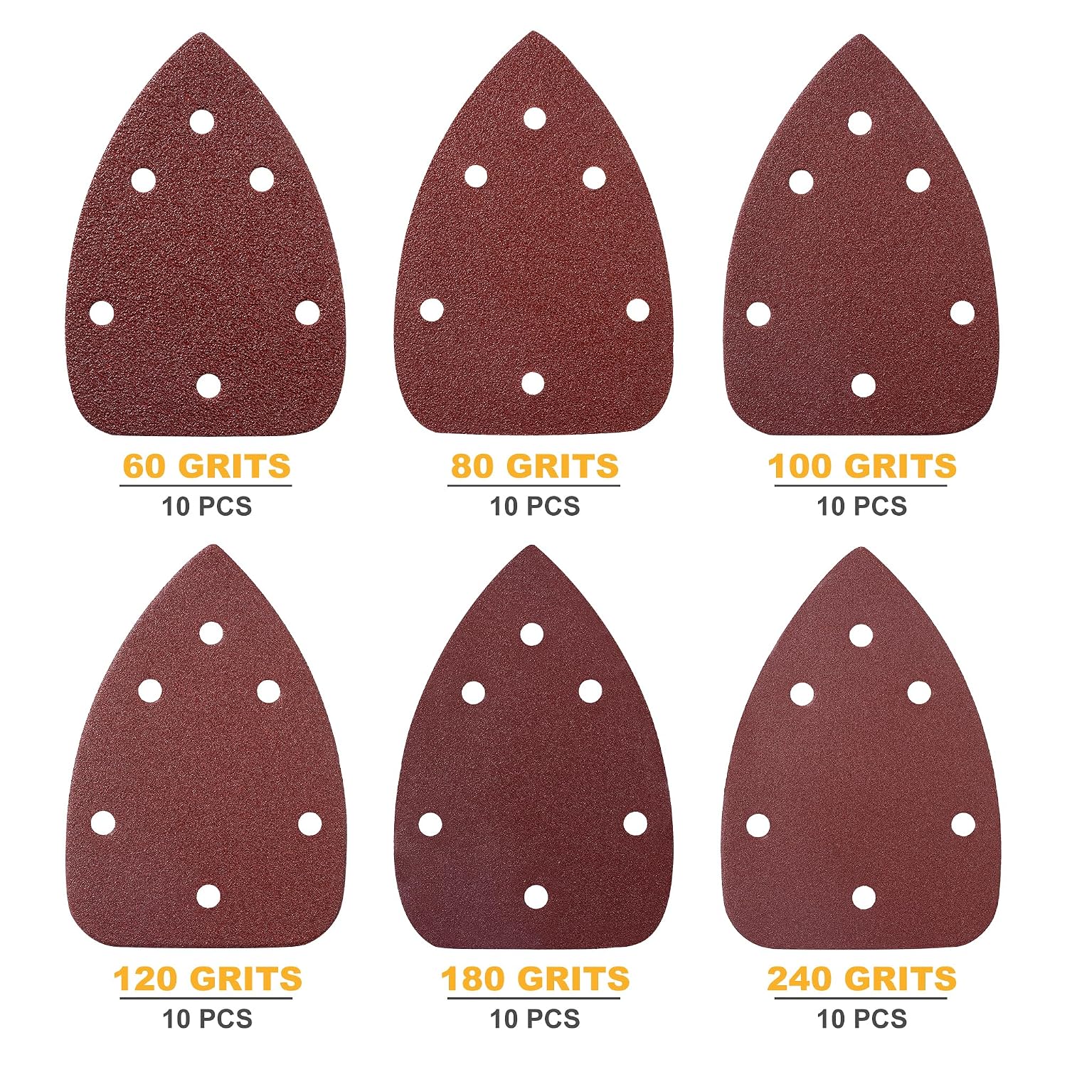 60 PCS Mouse Sander Sandpapers 6 Hole Mouse Sand Paper Detail Sander Sanding Disc Mouse Sander Pads Hook and Loop Triangle Sandpaper (60/80/100/120/180/240) -10 PCS for Each Grit
