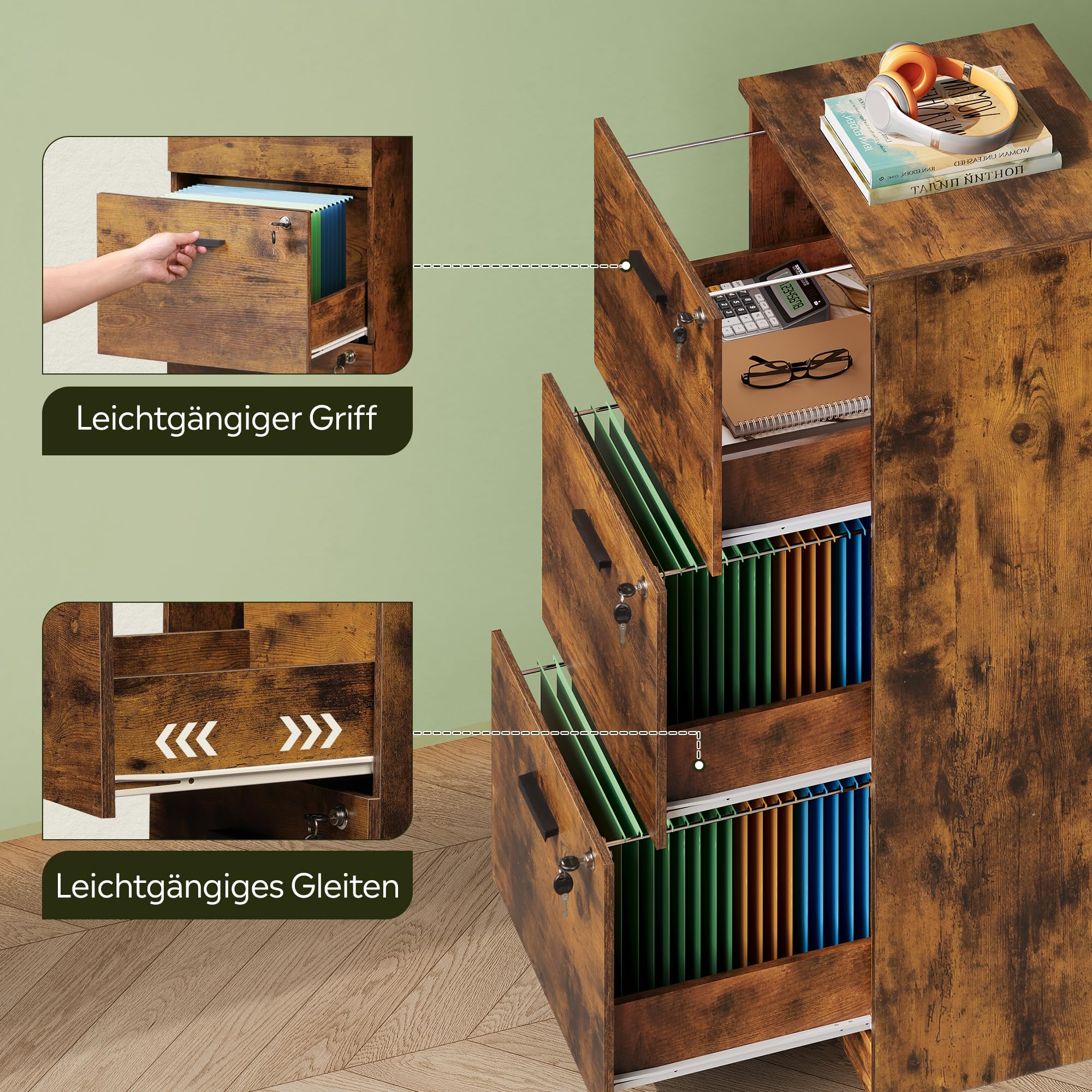 DEVAISE Rollcontainer abschließbar mit 3 Schubladen und offenen Fächern, Schreibtisch Schrank für Büro, Home Office, Rollcontainer Braun für DIN A4/Legal/Letter