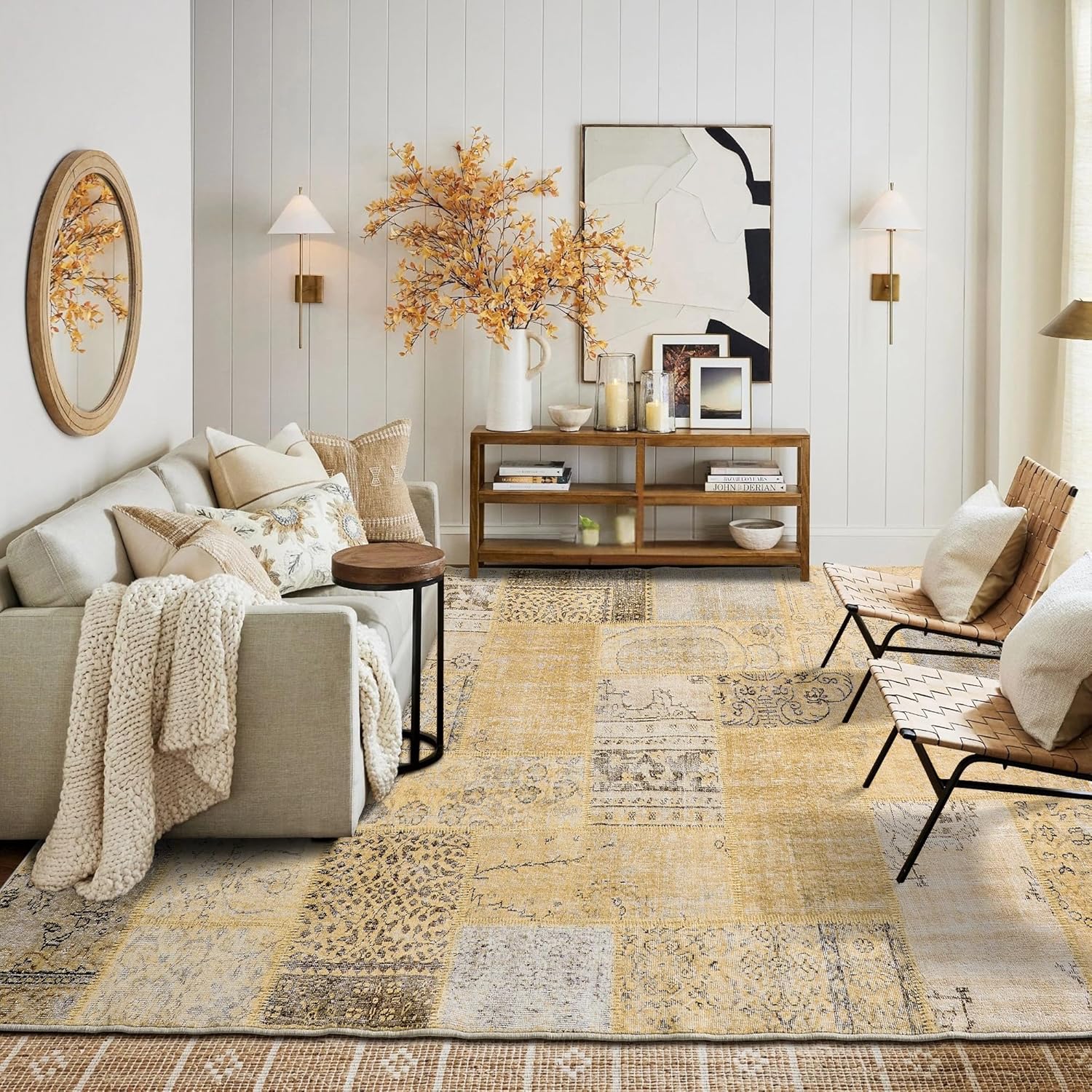 Boho Tribal Area Rug 5x7 for Living Room,Neutral Geometric Aztec Floral Botanical Washable Vintage Rustic Earth Tone Farmhouse Area Rugs for Bedroom Dining Room,Light Tan Beige and Brown Yellow