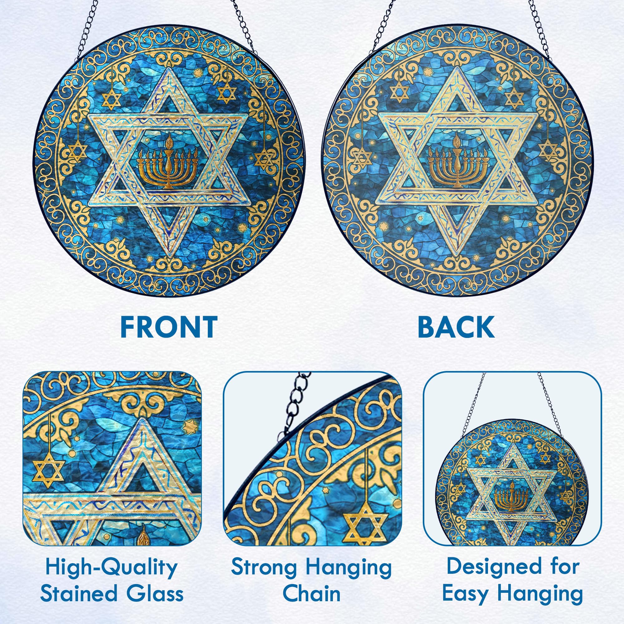 FLAGWIX Hanukkah Gifts for Women Men - Star of David Stained Glass Window Hanging 8 in - Hanukkah Sun Catcher Hanging Decor, Chanukah Suncatchers for Garden Decor, Religious Spiritual Gifts for Mom