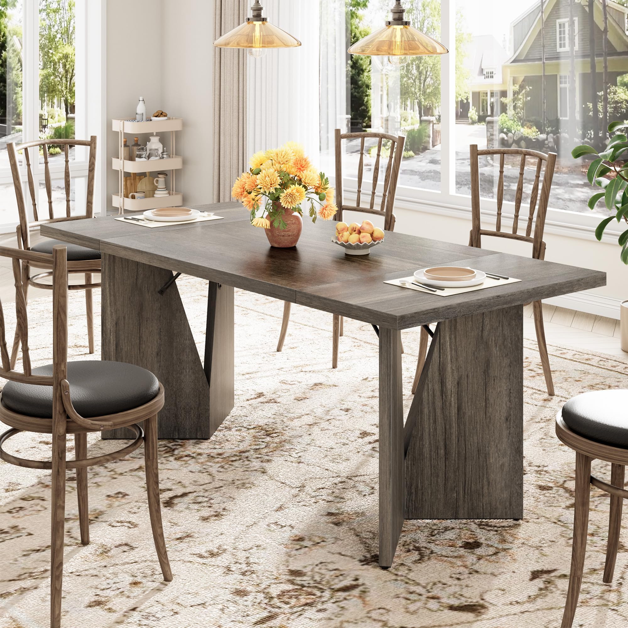 GarveeHome 70.9'' Rectangular Dining Table for 6-8, Wooden Thickened Long Desk, Farmhouse Kichen Table with Sturdy Frame and M-Shaped Legs, for Dining