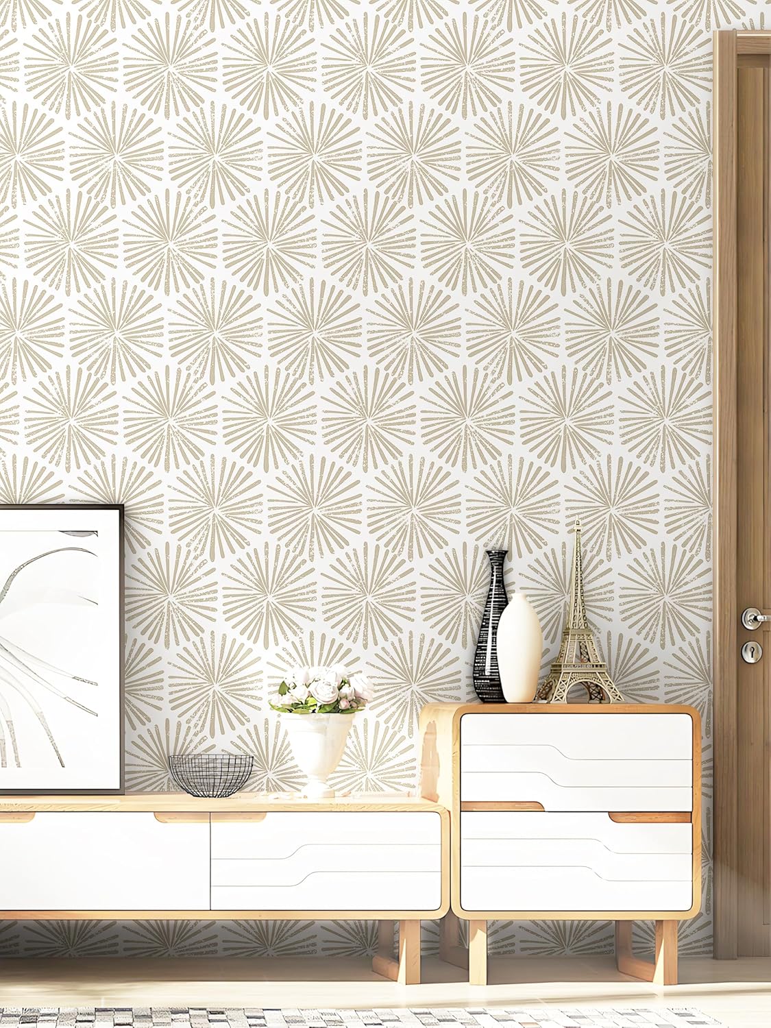 Safiyya 118"x17.3" Peel and Stick Wallpaper Boho Contact Paper Peel and Stick Wall Paper Modern Self Adhesive Removable Wallpaper Beige Geometric Wallpaper for Bedroom Covering Vinyl Rolls
