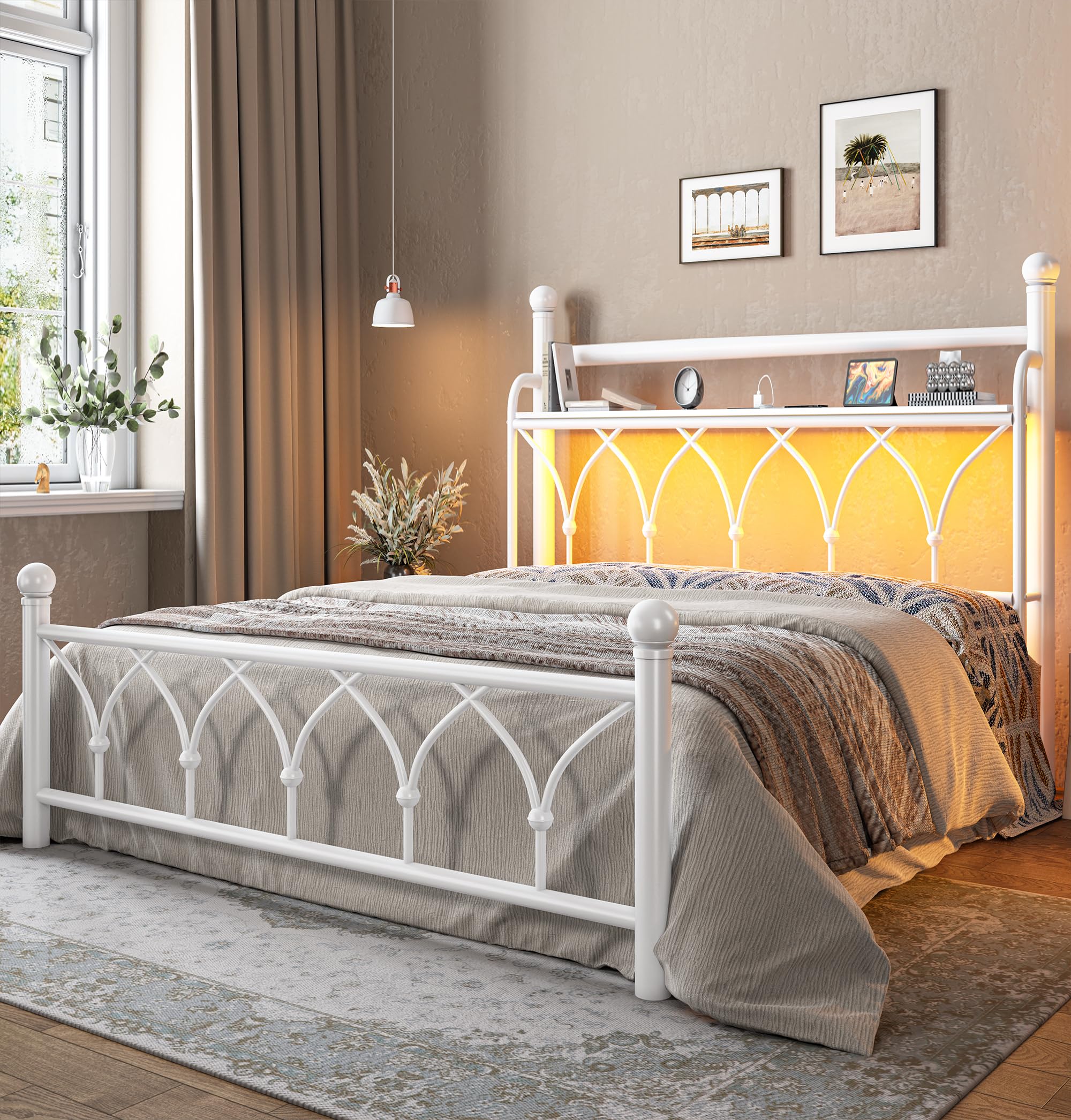 EnHomee Metal Queen Bed Frame with Storage Headboard and LED lights