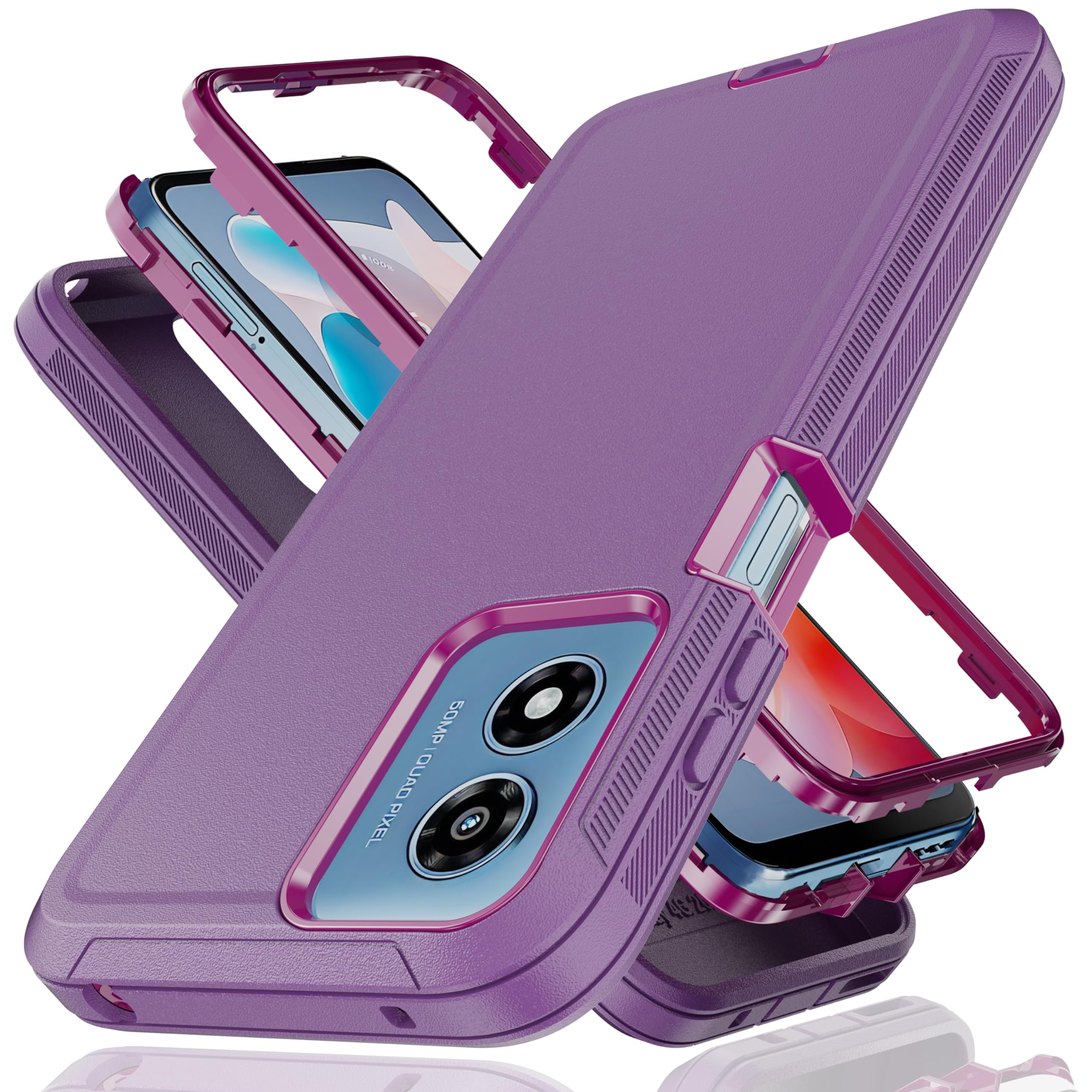 YmhxcY Moto G Play 4G 2024 Case - 3-in-1 Heavy Duty Rubber Protection Cover Military Grade Shockproof Secure