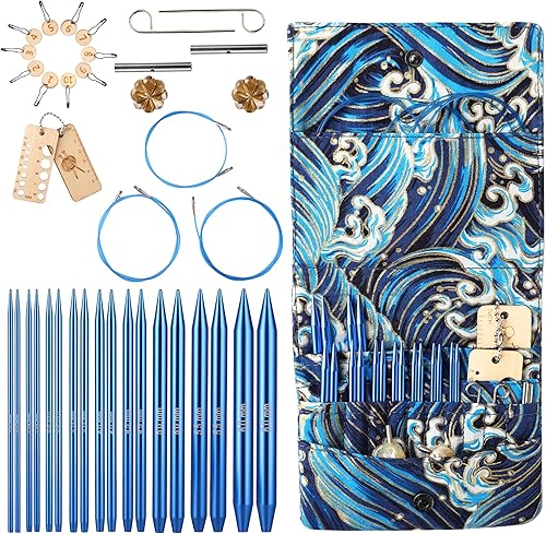LOOEN Juego de agujas de tejer circulares intercambiables con estuche y accesorios para manos artríticas, kit redondo de aluminio adecuado para