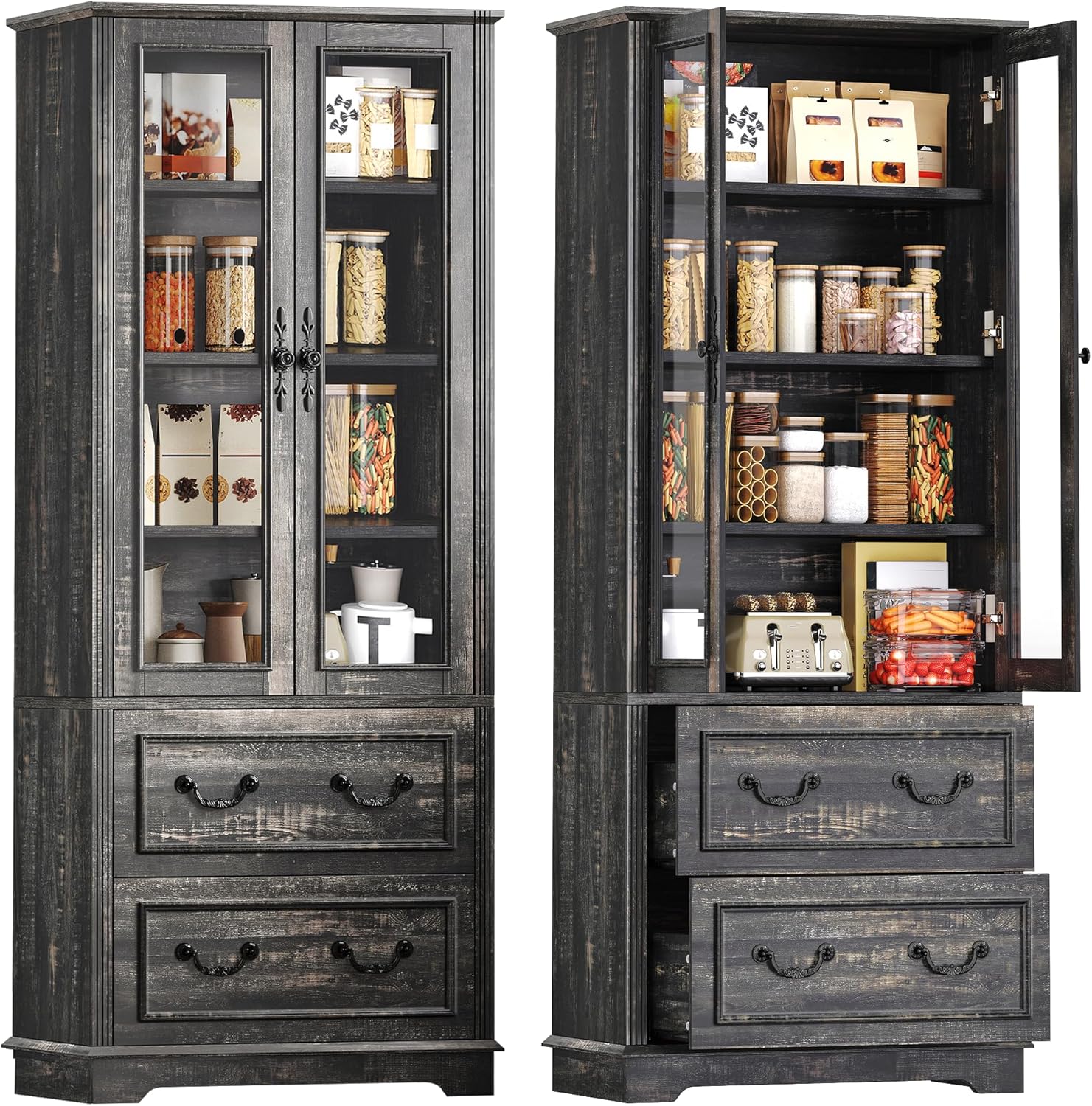 YITAHOME 76'' Kitchen Pantry Cabinet with 2 Drawers, Tall Storage Cabinet with Glass Doors & Adjustable Shelves, Freestanding Display Curio Cabinet for Collectibles, Living Room, Dark Rustic Oak