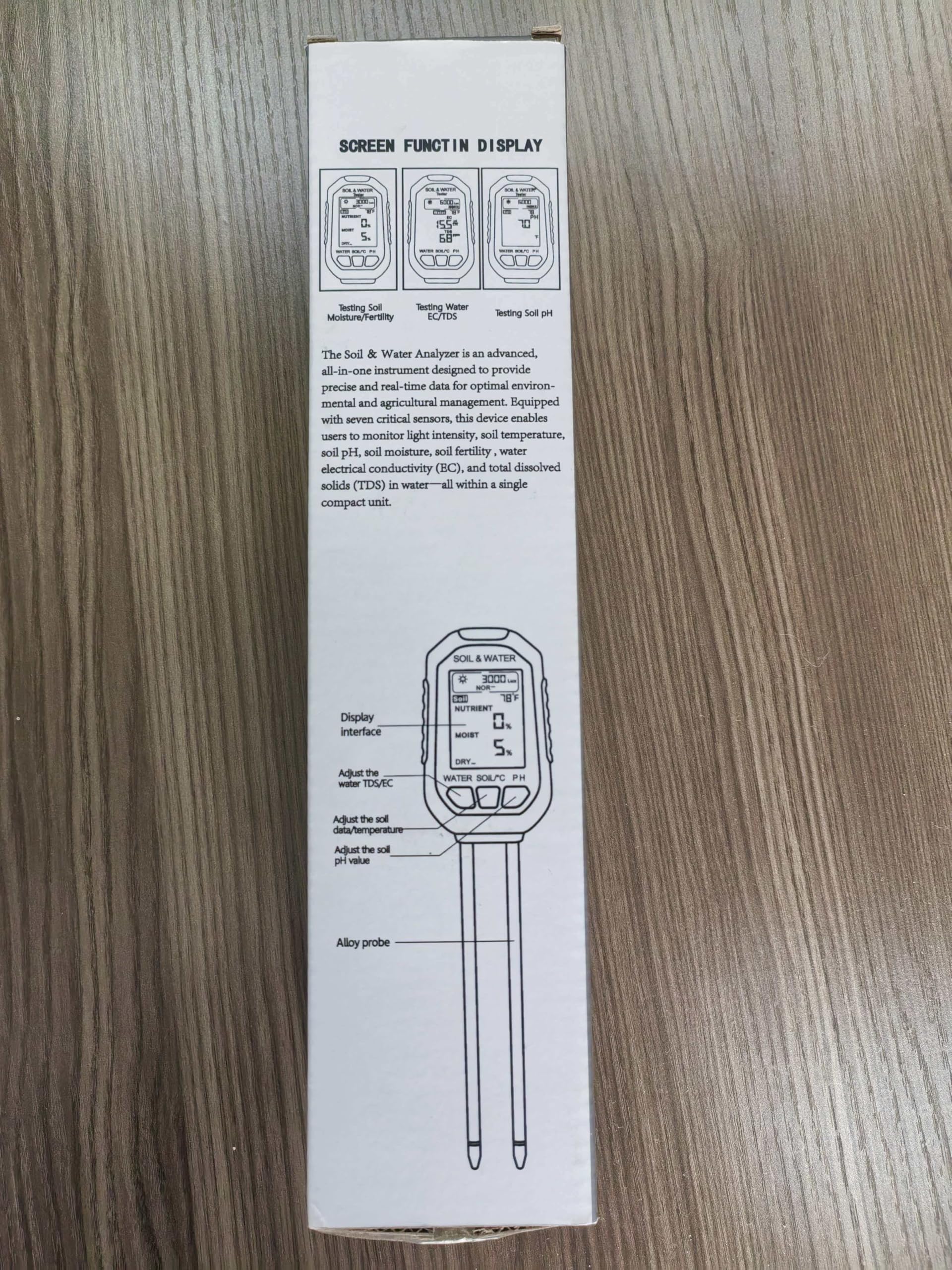 Analizador de suelo 7 en 1: mide la calidad del agua, el pH, la humedad, la temperatura, la luz, los nutrientes, la conductividad, etc. Apto para interiores, jardines y exteriores.