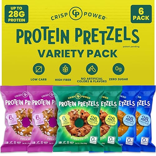 Crisp Power Pretzels de proteína, paquete variado con sal marina, sésamo y todo, aperitivo alto en proteínas, hasta 0.99 oz de proteína por bolsa,