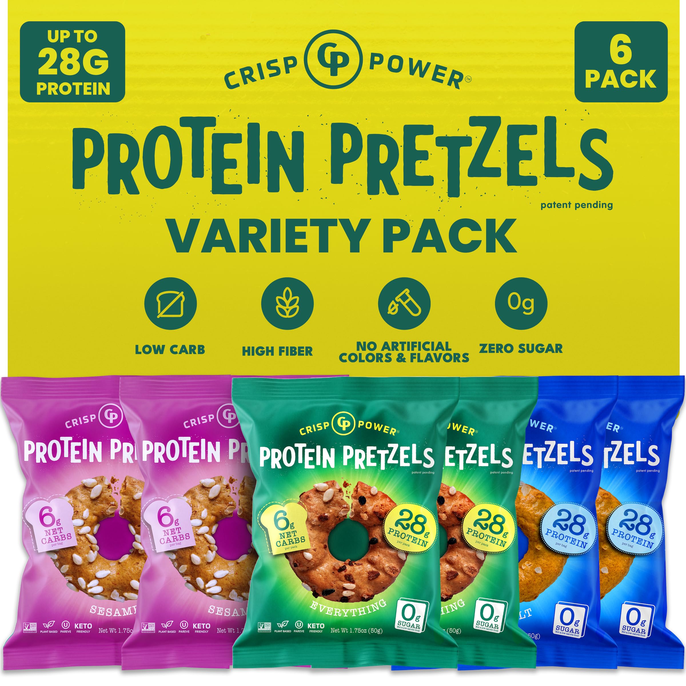 Crisp Power Protein Pretzels, Variety Pack With Sea Salt, Sesame, & Everything, Vegan Keto Snack, Plant Based Protein, Low Carb Crunchy Pretzel Snacks, Sugar Free, No Seed Oils, 1.75 Oz Bags, 6 Pack