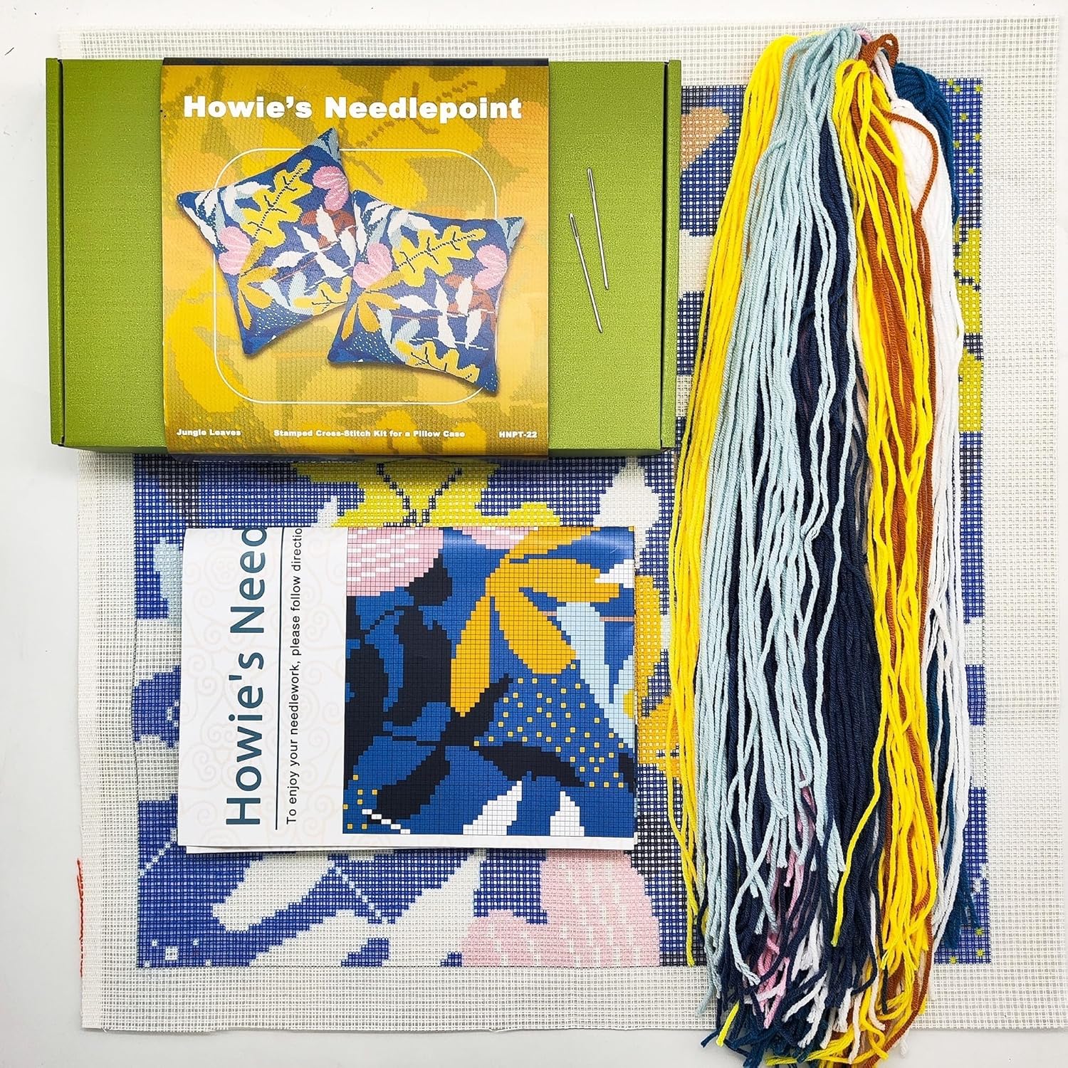 Howie's Needlepoint Needlepoint Kits for Adults, Pillow Front Cross Stitch Kit with Embroidery Pattern on Canvas, Yarn, 2 Needles and Instruction, 16 x 16inch(Jungle Leaves)