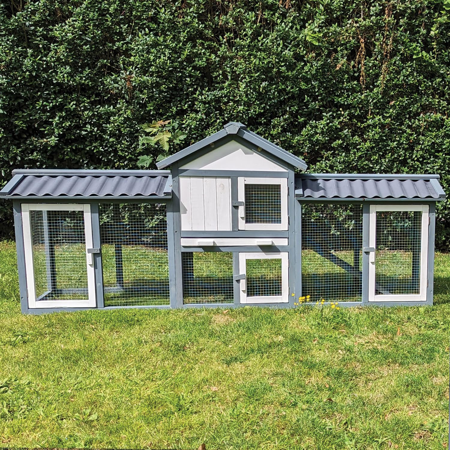 NYVI Hasenstall Picasso mit Auslauf - XXL Kleintierstall mit Gehege - PVC Dach & Kunststoffschublade - Einfache Montage, Langlebig - Outdoor Kaninchenstall 203x85x53cm Grau